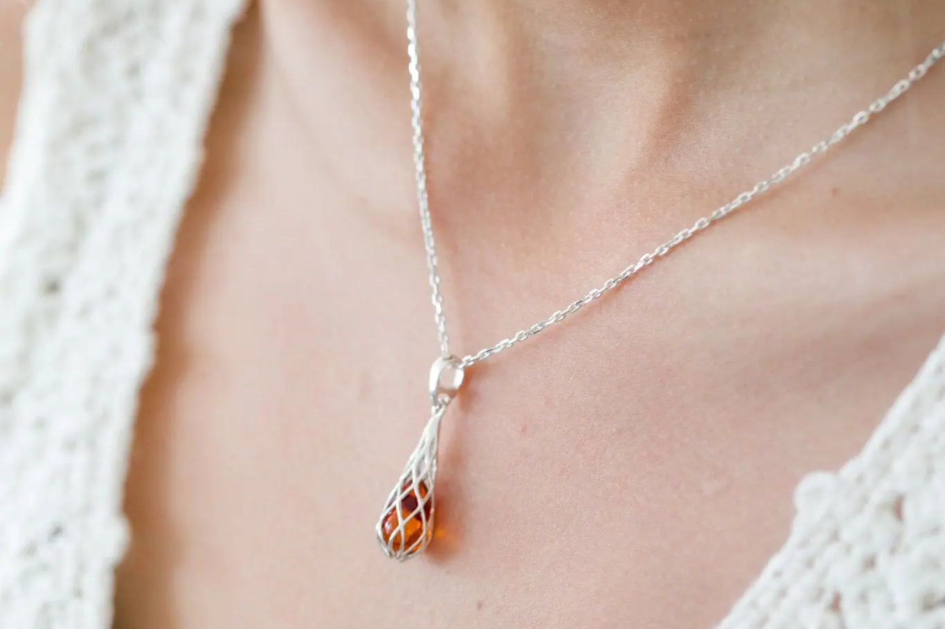 Caged Teardrop Amber Pendant- Necklaces- Baltic Beauty
