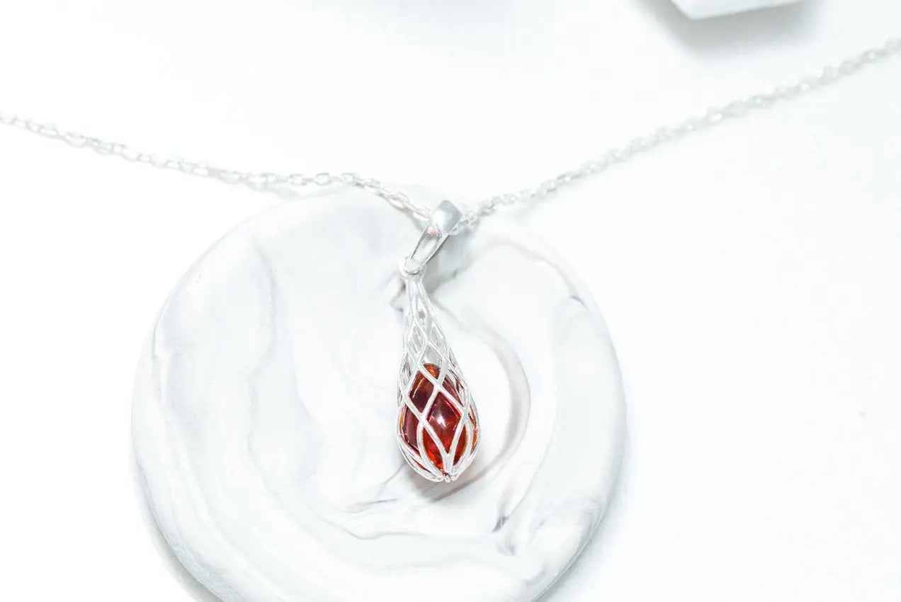 Caged Teardrop Amber Pendant- Necklaces- Baltic Beauty