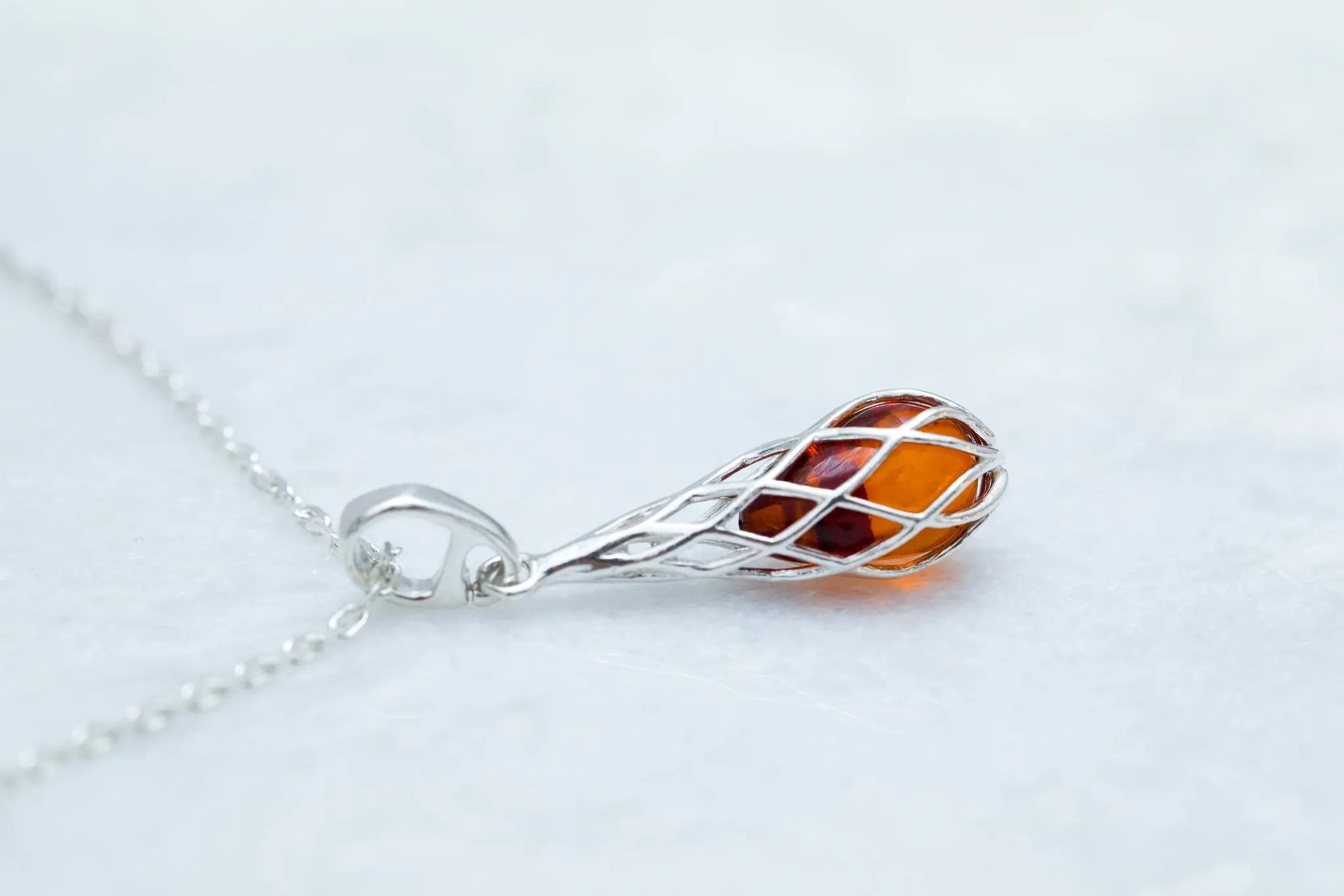Caged Teardrop Amber Pendant- Necklaces- Baltic Beauty