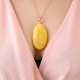 OOAK Large Gold Plated Creamy Amber Pendant- Necklaces- Baltic Beauty