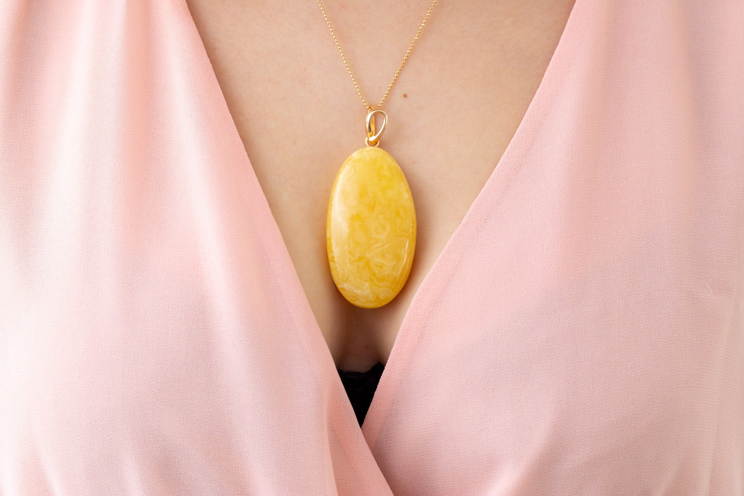 OOAK Large Gold Plated Creamy Amber Pendant- Necklaces- Baltic Beauty