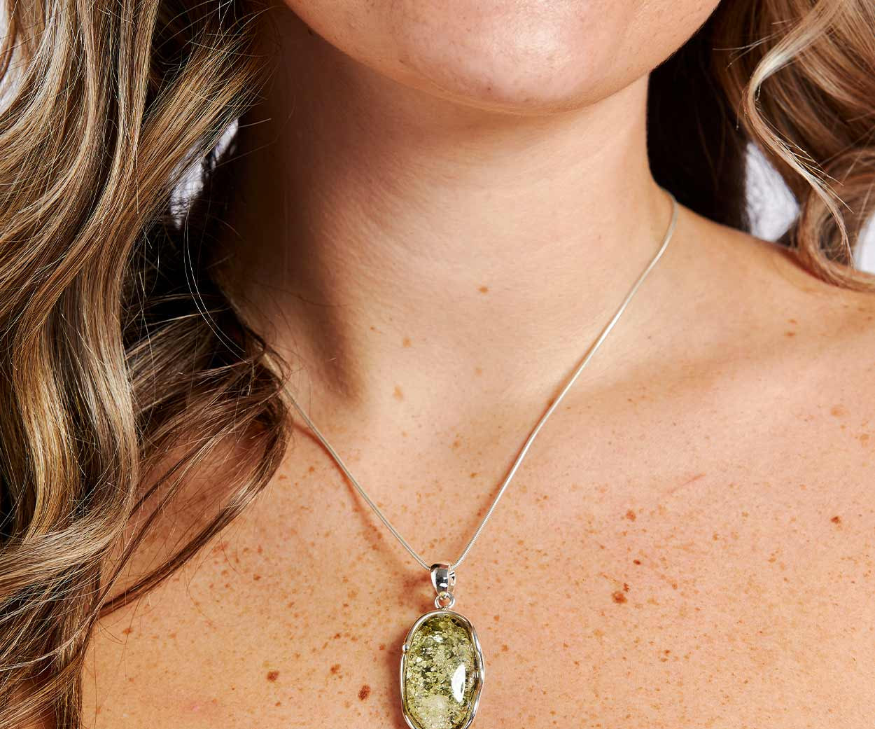 Green Ripple Pendant Necklace – handcrafted in Baltic amber and sterling silver, view 2