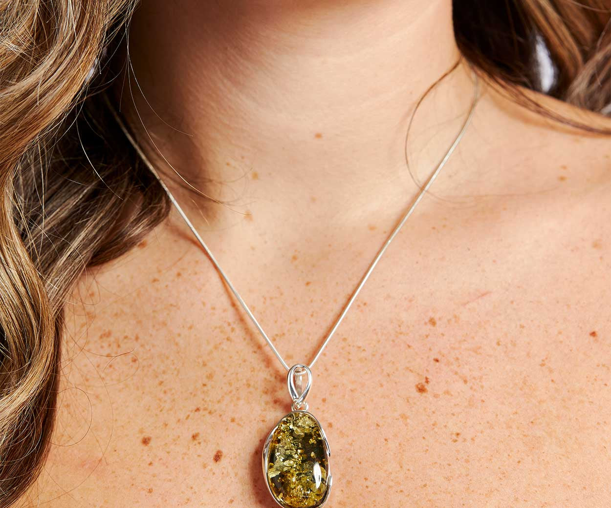 Green Tidal Pendant Necklace – handcrafted in Baltic amber and sterling silver, view 2