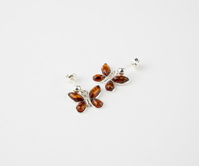 Subtle Butterfly Earrings – handcrafted in Baltic amber and sterling silver
