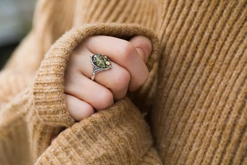 Boho Green Amber Ring- Rings- Baltic Beauty