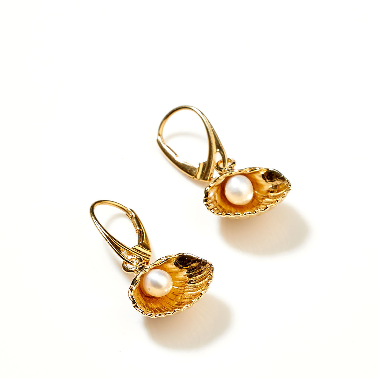 Gold earrings with pearl inside an oyster shell on a white background