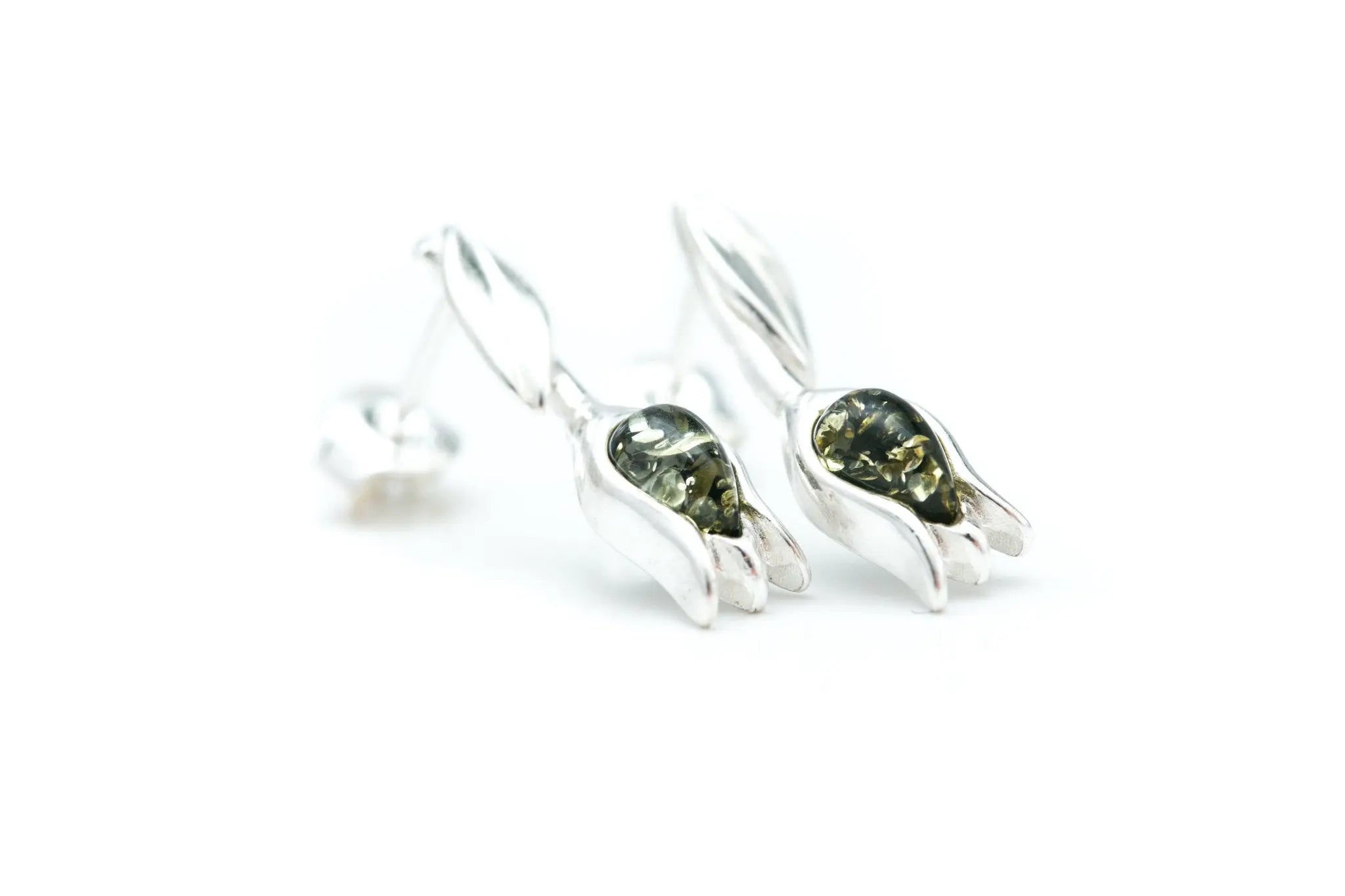 Green Amber Tulip Stud Earrings- Earrings- Baltic Beauty