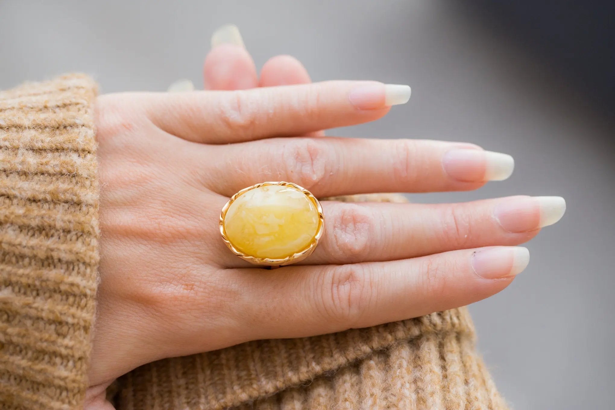 Oval Butterscotch Amber Statement Ring- Rings- Baltic Beauty