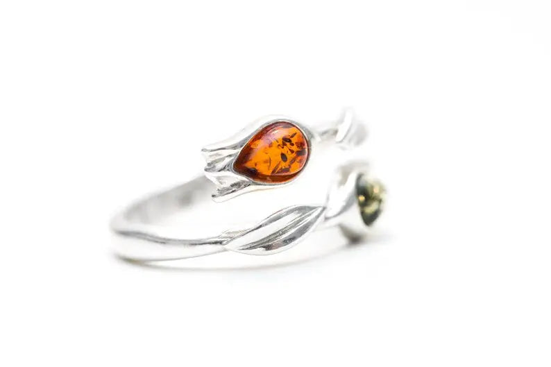 Two Tone Amber Tulip Ring- Rings- Baltic Beauty