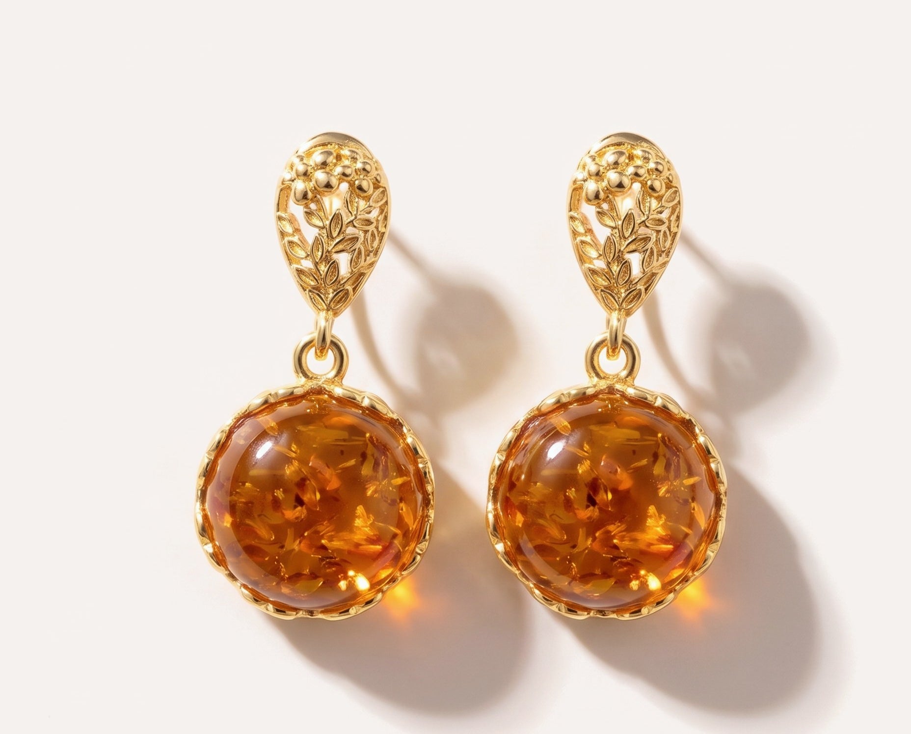 Amber Drop Earrings with Gold Floral Accent — Baltic amber and sterling silver jewellery by Baltic Beauty
