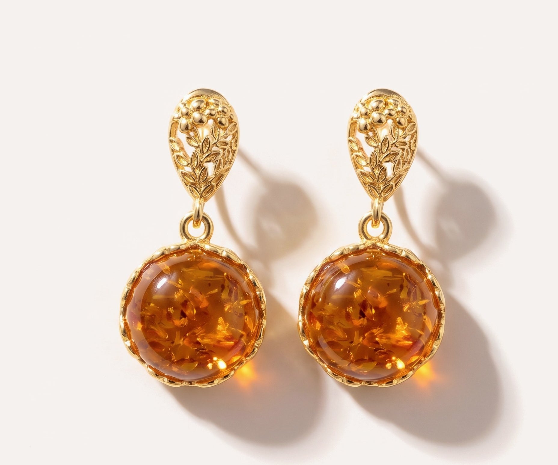 Amber Drop Earrings with Gold Floral Accent — Baltic amber and sterling silver jewellery by Baltic Beauty