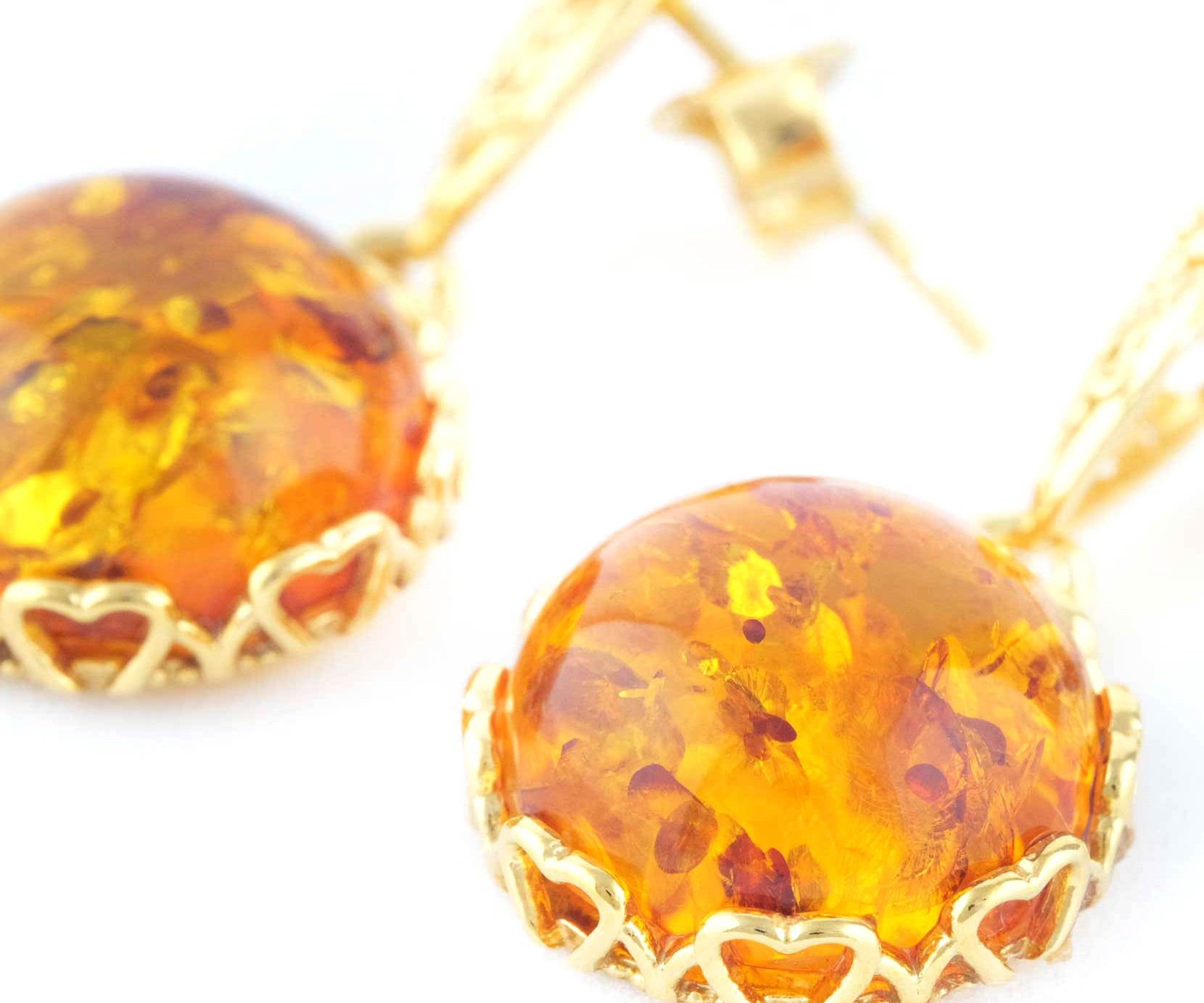 Amber Drop Earrings with Gold Floral Accent - Baltic Beauty