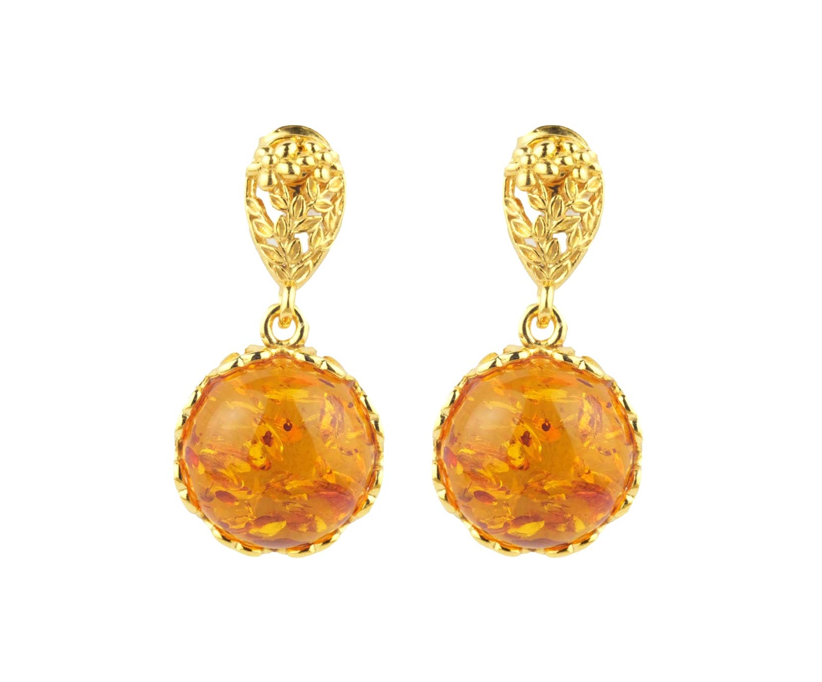 Amber Drop Earrings with Gold Floral Accent - Baltic Beauty