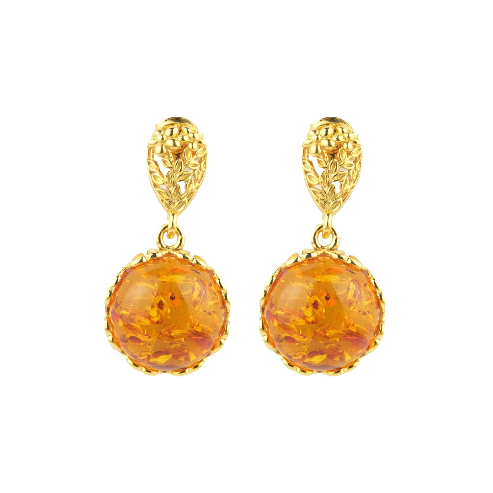Amber Drop Earrings with Gold Floral Accent - Baltic Beauty