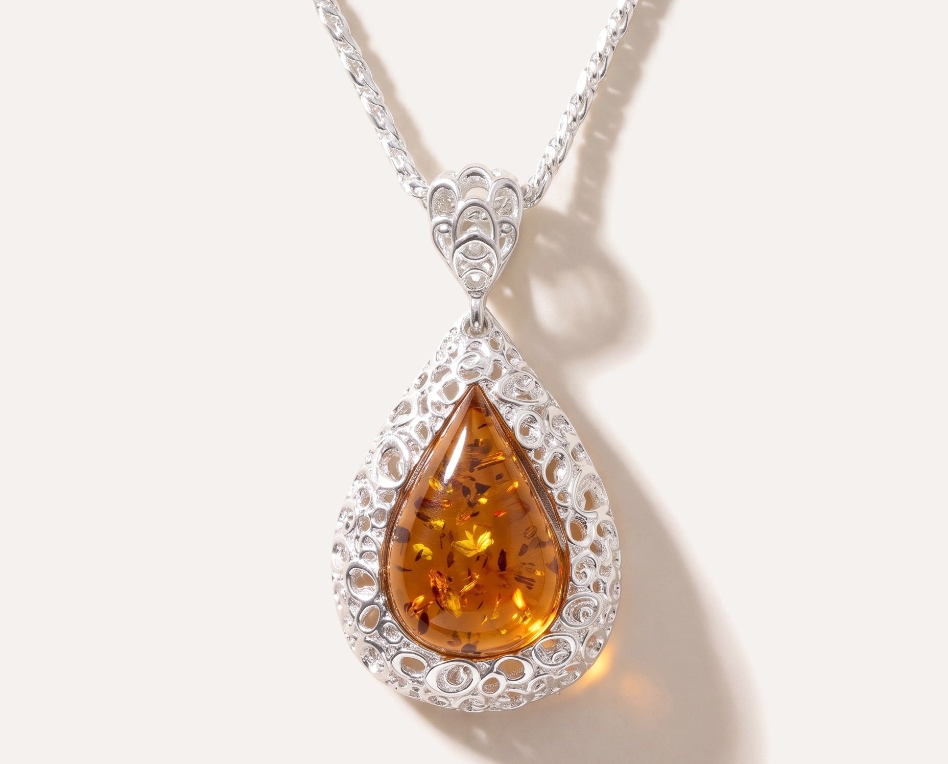 Filigree Frame Amber Teardrop Pendant — Baltic amber and sterling silver jewellery by Baltic Beauty