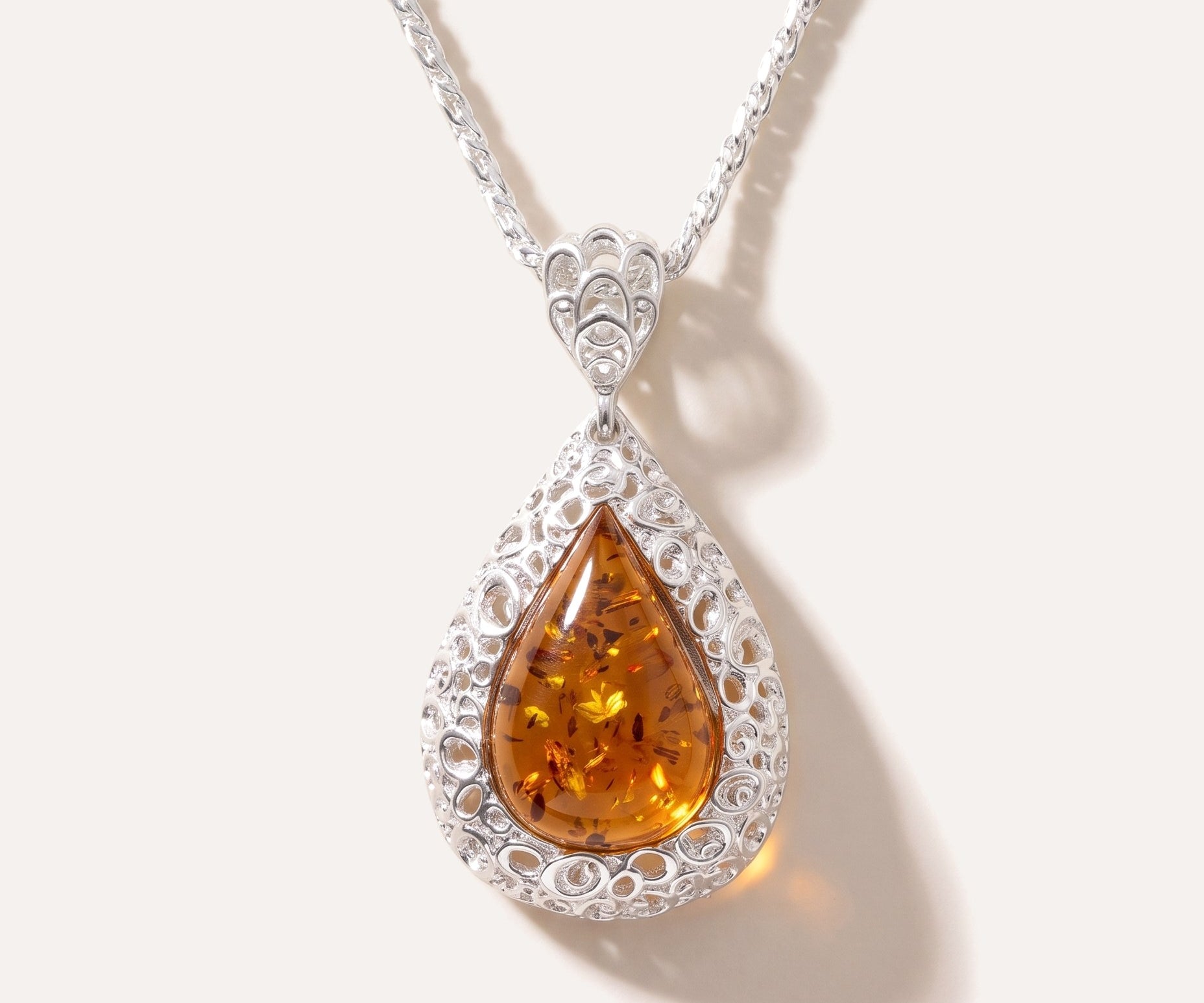 Filigree Frame Amber Teardrop Pendant — Baltic amber and sterling silver jewellery by Baltic Beauty