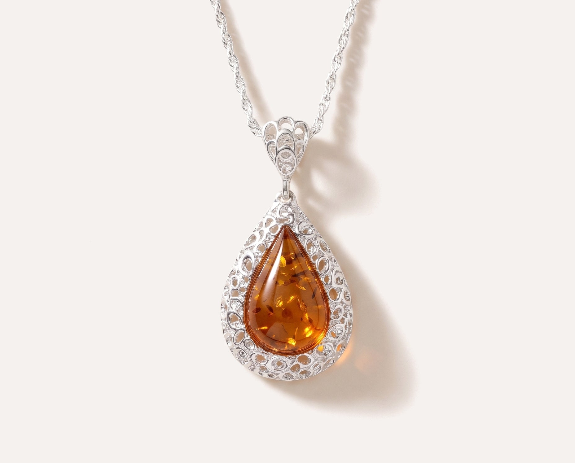 Filigree Frame Amber Teardrop Pendant — Baltic amber and sterling silver jewellery by Baltic Beauty