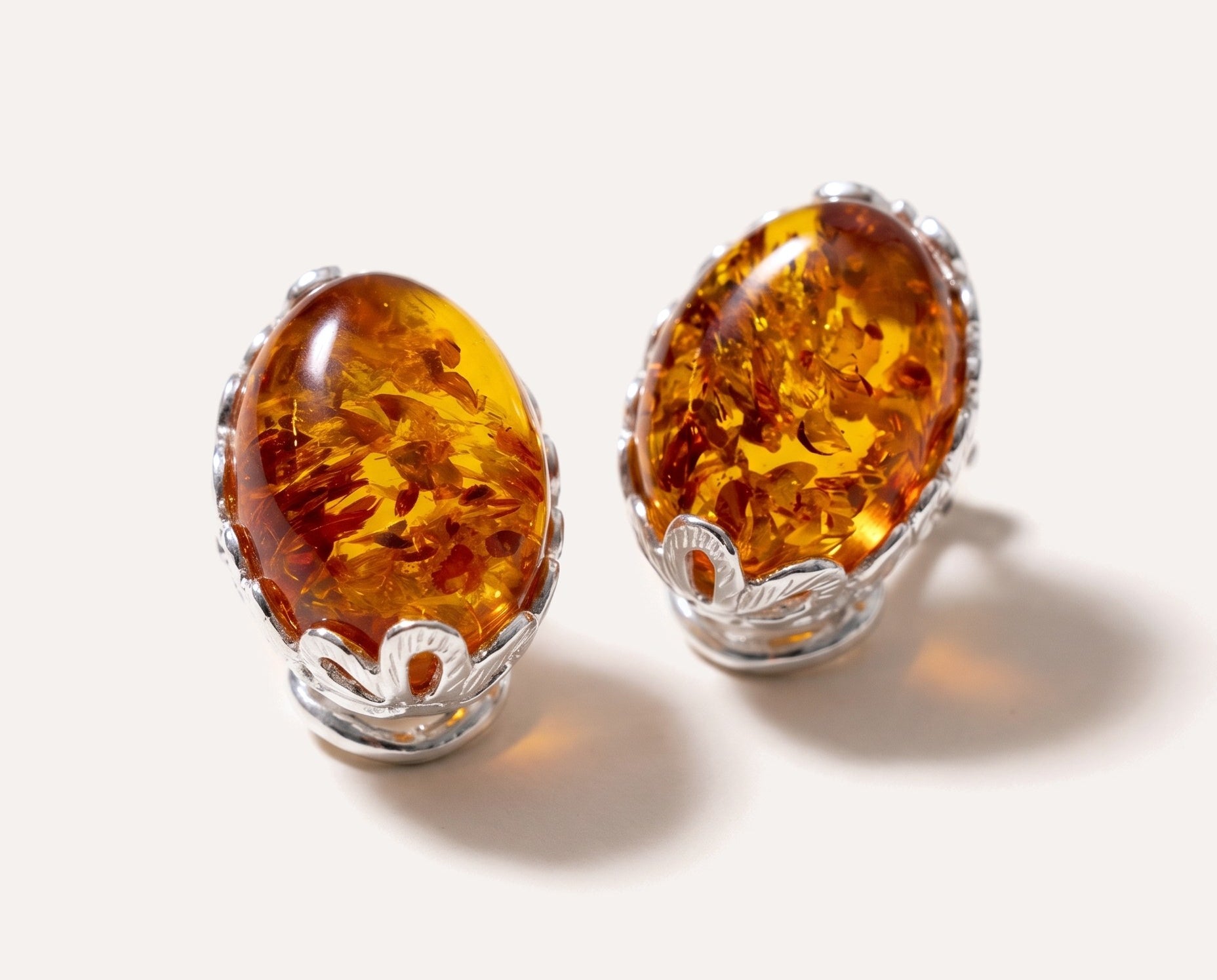 Floral Frame Oval Amber Clip On Earrings — Baltic amber and sterling silver jewellery by Baltic Beauty