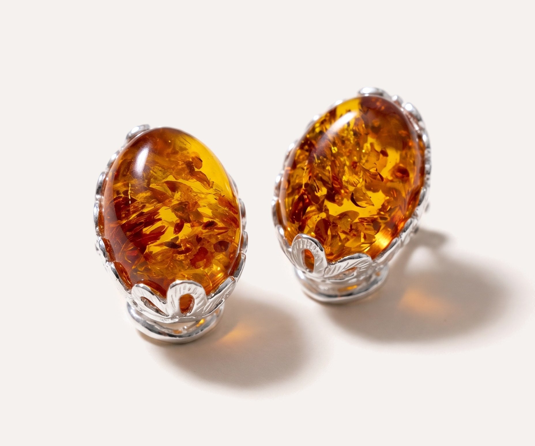 Floral Frame Oval Amber Clip On Earrings — Baltic amber and sterling silver jewellery by Baltic Beauty