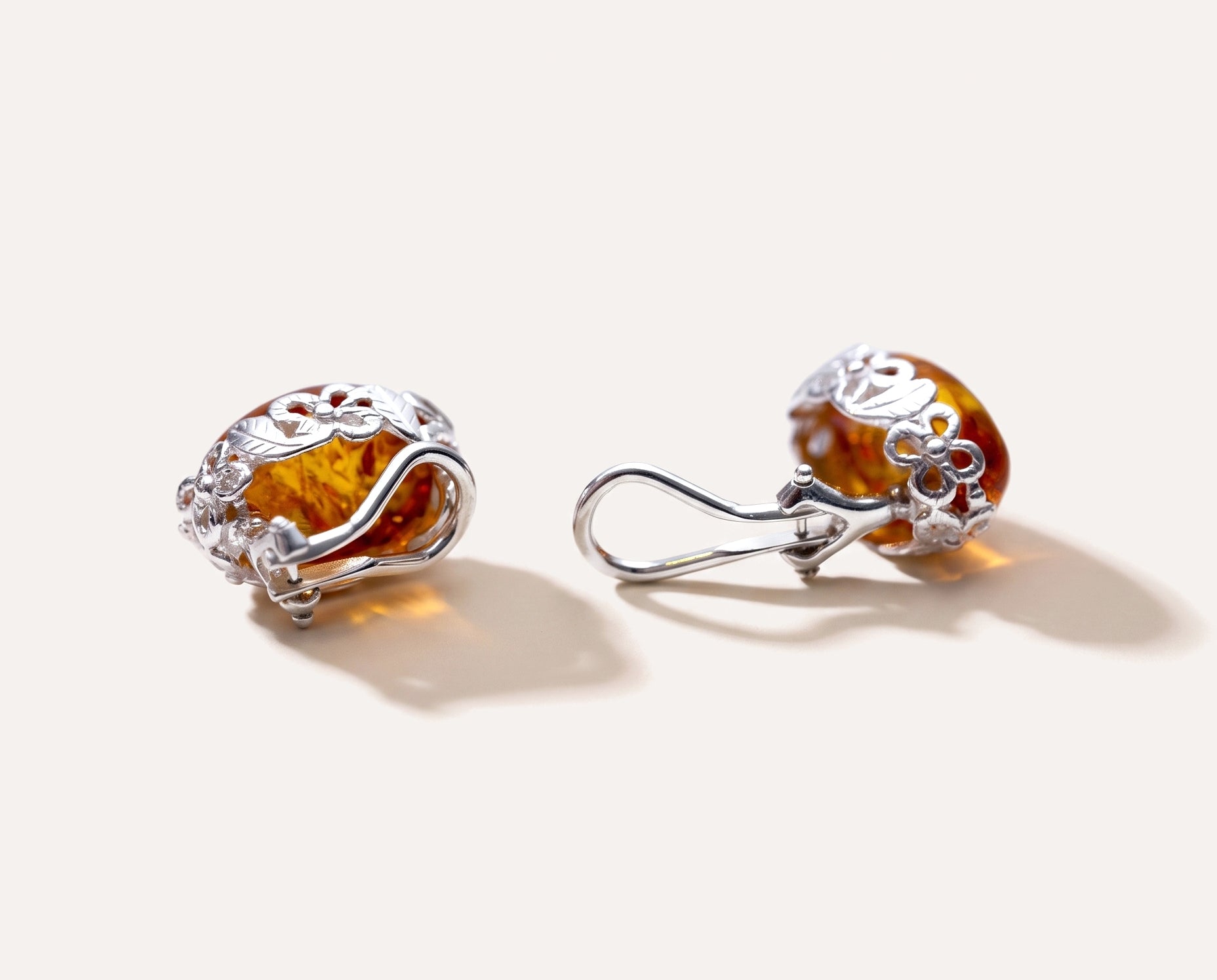 Floral Frame Oval Amber Clip On Earrings — Baltic amber and sterling silver jewellery by Baltic Beauty