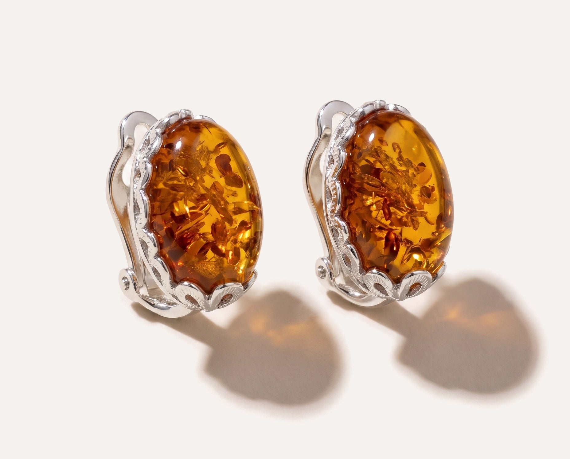 Floral Frame Oval Amber Clip On Earrings — Baltic amber and sterling silver jewellery by Baltic Beauty