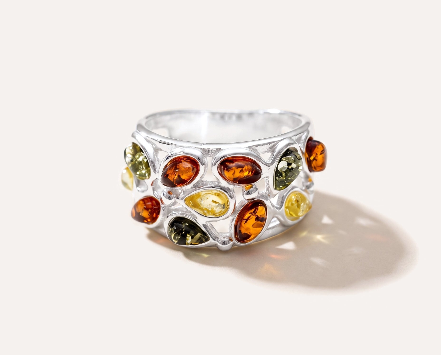 Floral Multicolour Amber Cuff Ring — Baltic amber and sterling silver jewellery by Baltic Beauty