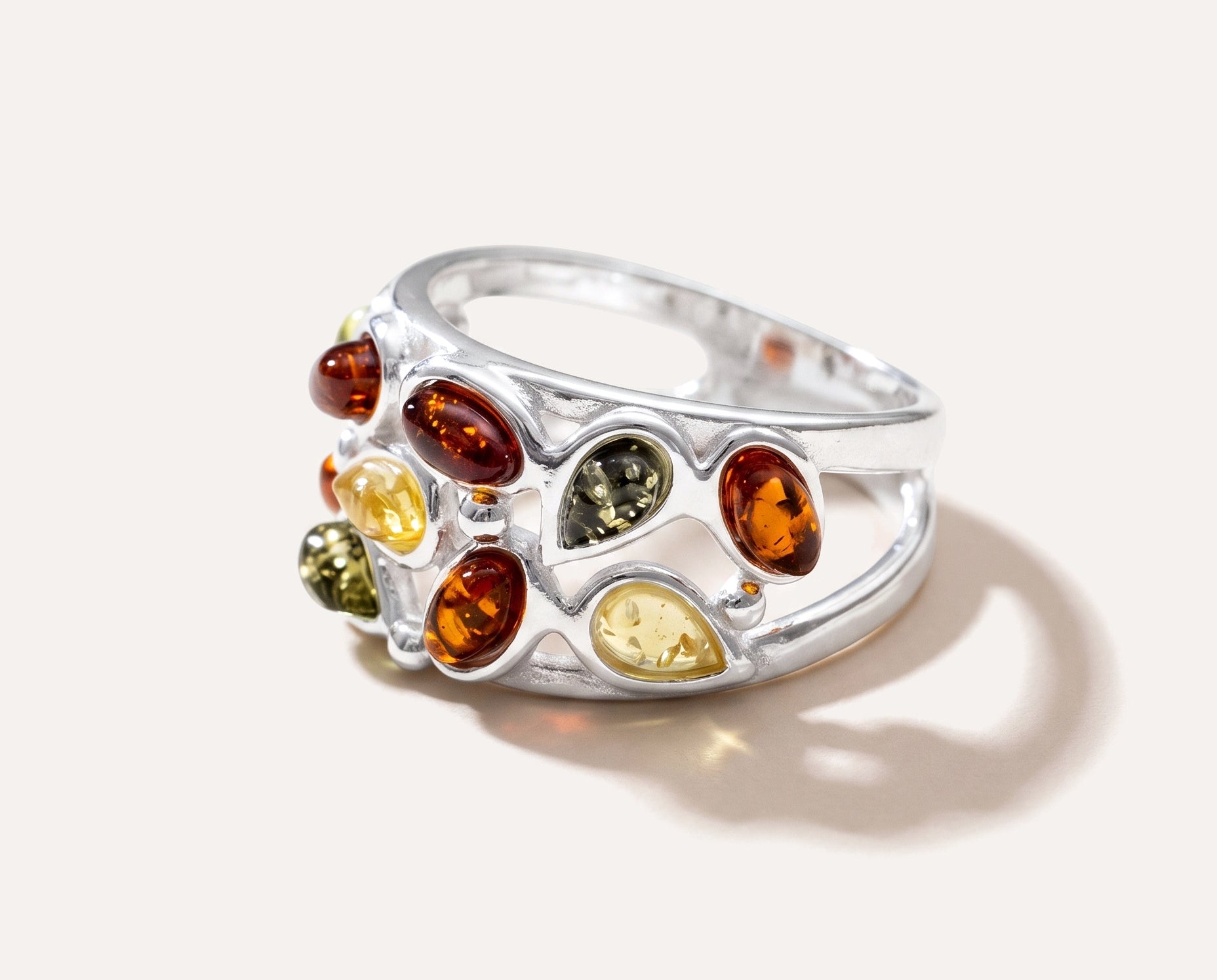 Floral Multicolour Amber Cuff Ring — Baltic amber and sterling silver jewellery by Baltic Beauty