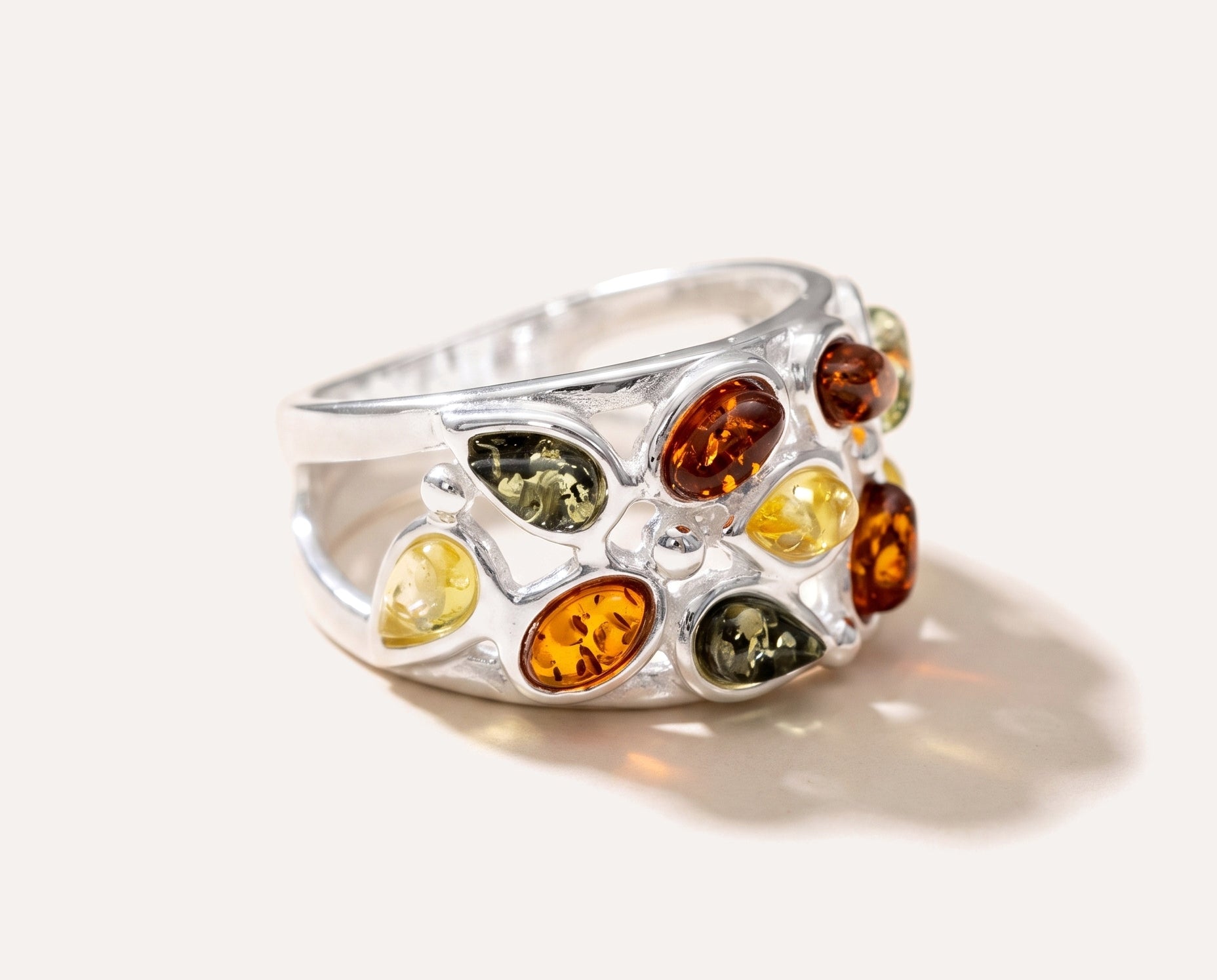 Floral Multicolour Amber Cuff Ring — Baltic amber and sterling silver jewellery by Baltic Beauty