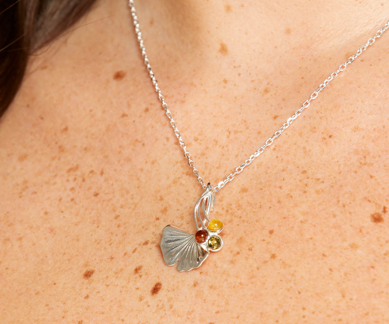Amber Ginkgo Necklace – handcrafted in Baltic amber and sterling silver, view 2