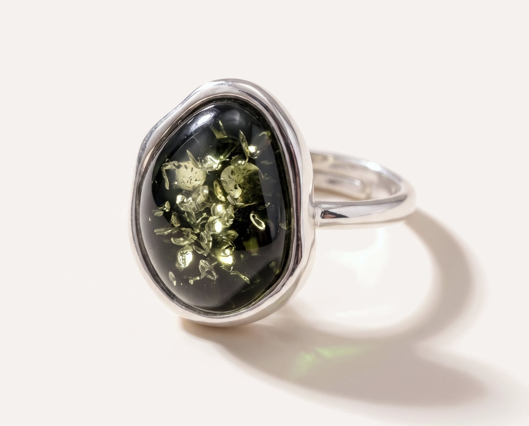 Green Amber ELEMENT Solitaire Adjustable Ring — Baltic amber and sterling silver jewellery by Baltic Beauty