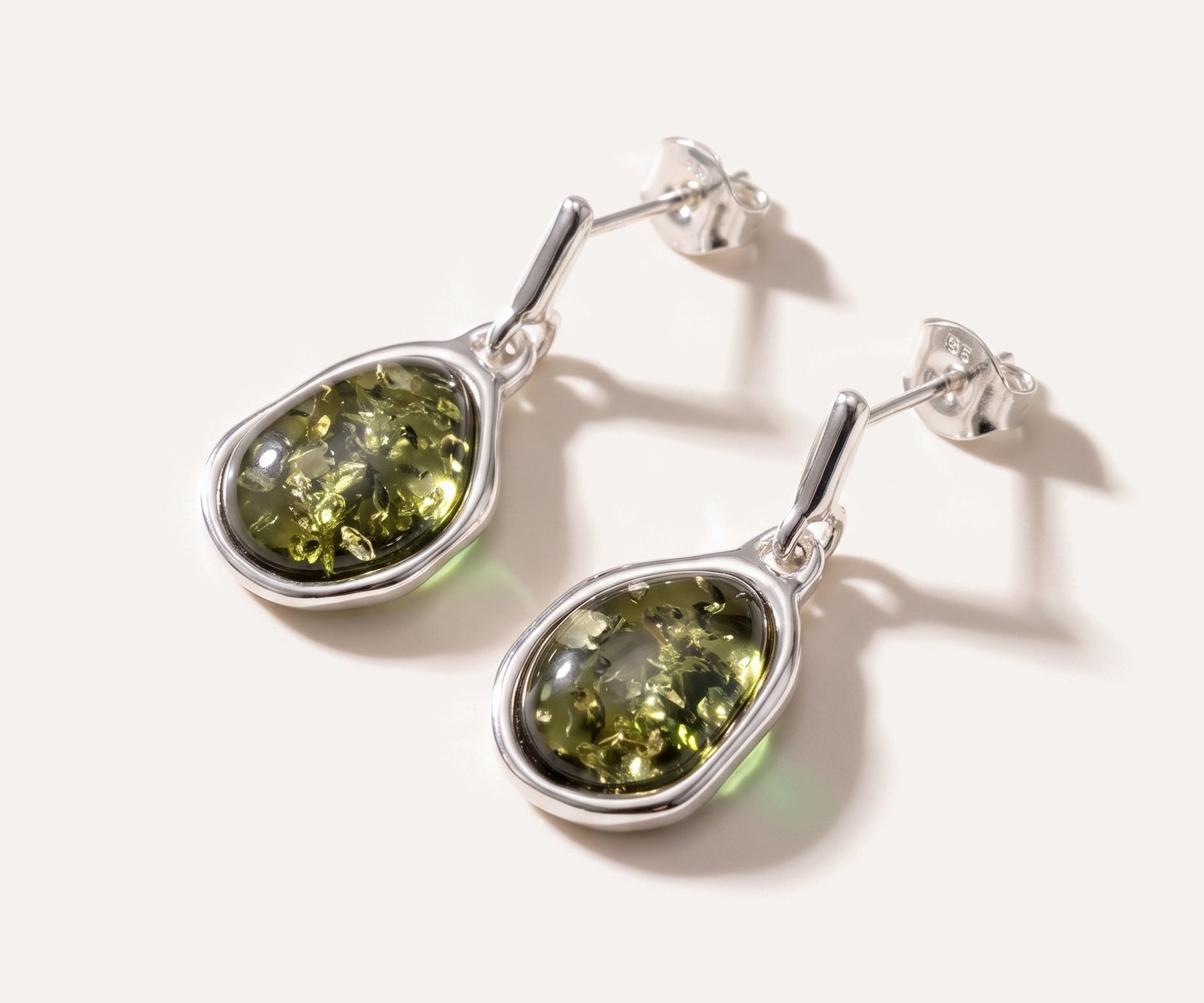 Green Amber ELEMENTS Drop Earrings — Baltic amber and sterling silver jewellery by Baltic Beauty