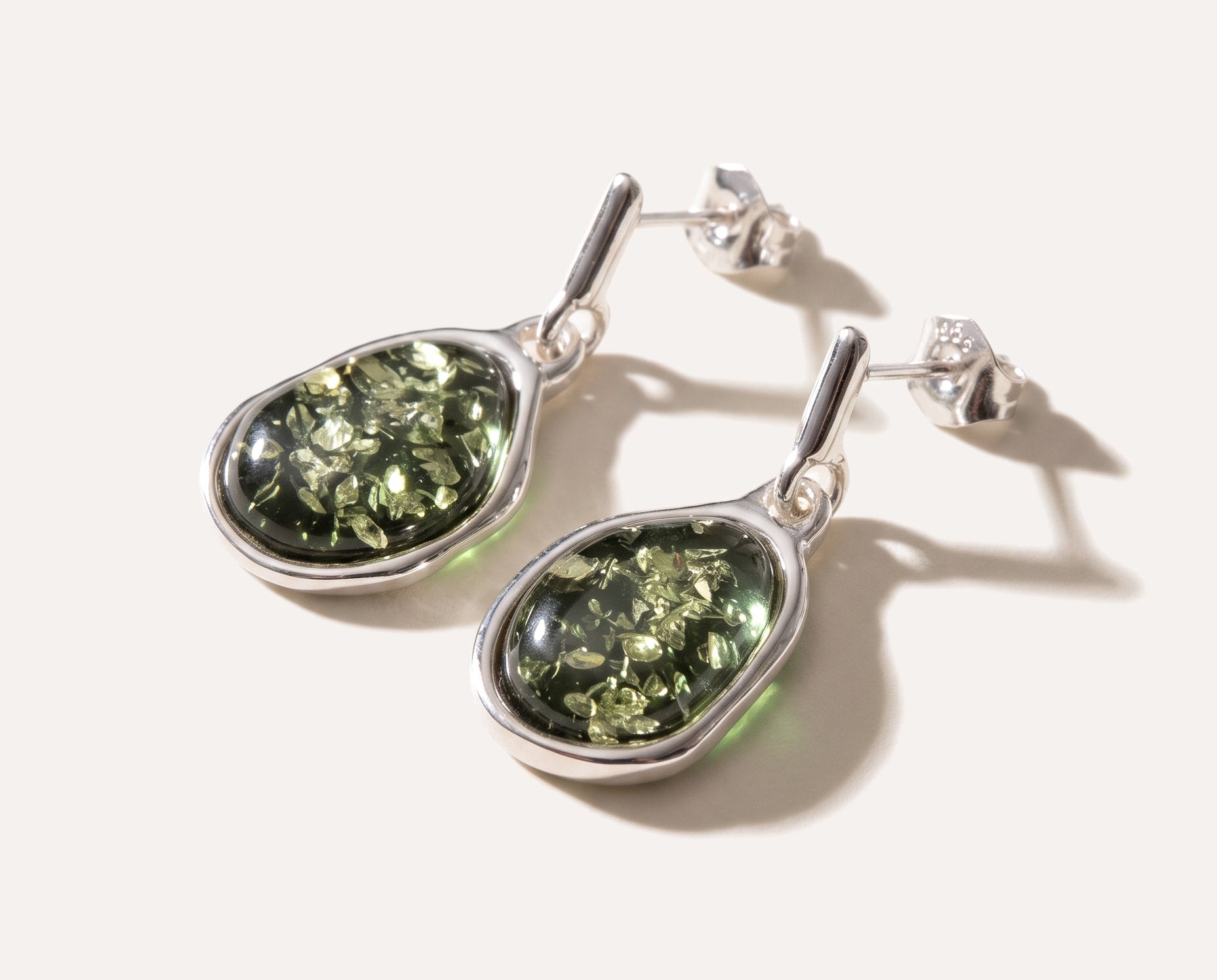 Green Amber ELEMENTS Drop Earrings — Baltic amber and sterling silver jewellery by Baltic Beauty