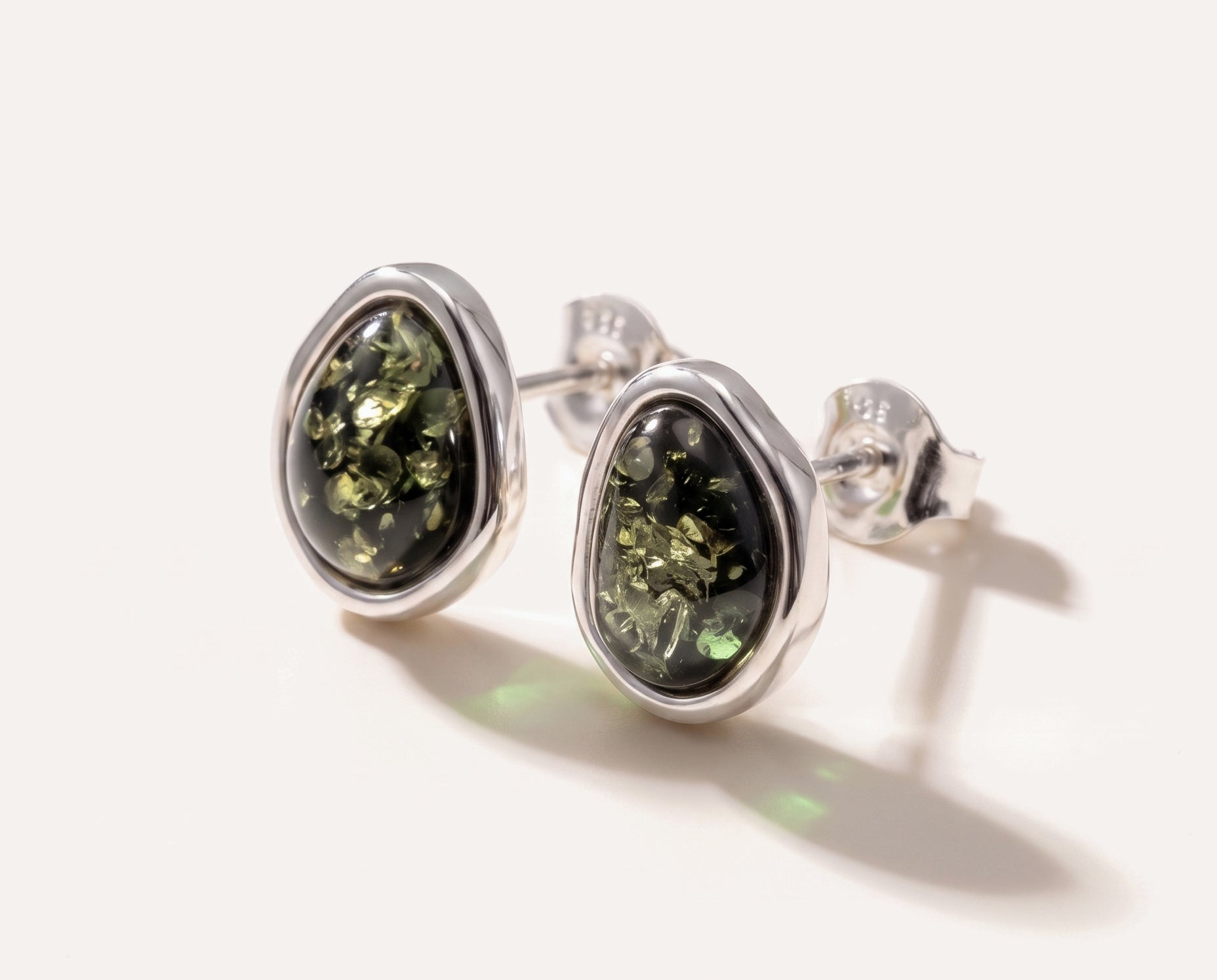 Green Amber ELEMENTS Stud Earrings — Baltic amber and sterling silver jewellery by Baltic Beauty