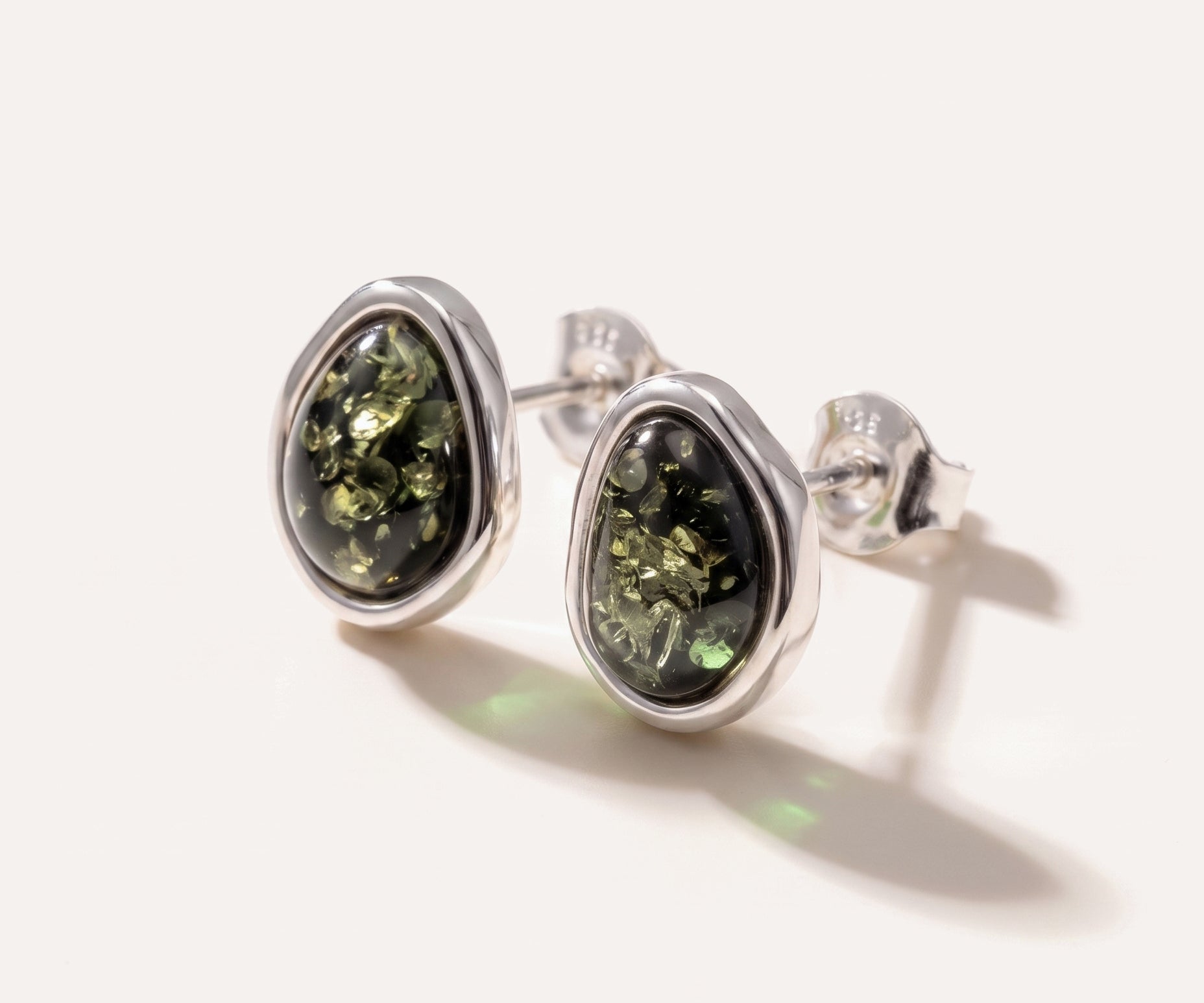 Green Amber ELEMENTS Stud Earrings — Baltic amber and sterling silver jewellery by Baltic Beauty