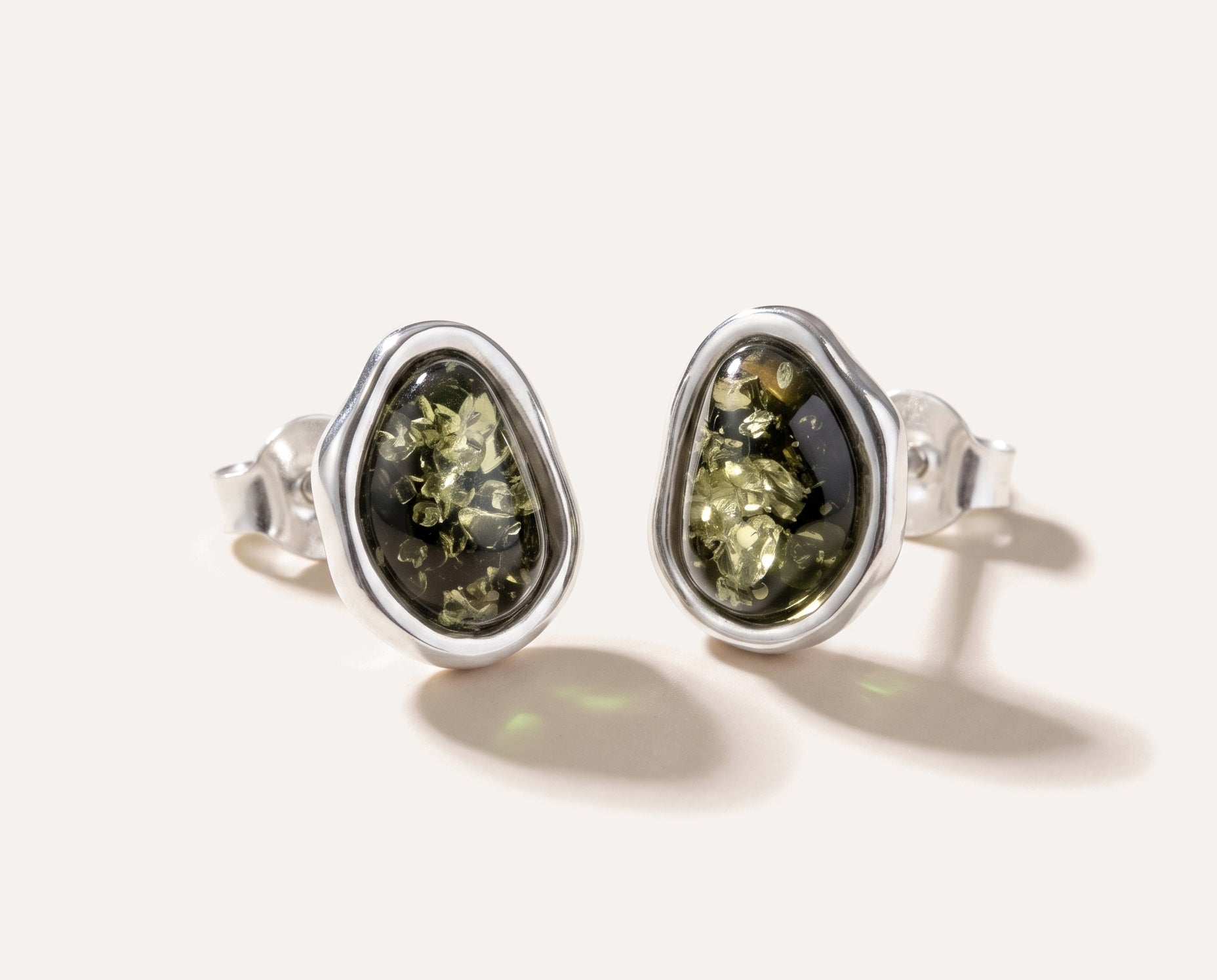 Green Amber ELEMENTS Stud Earrings — Baltic amber and sterling silver jewellery by Baltic Beauty