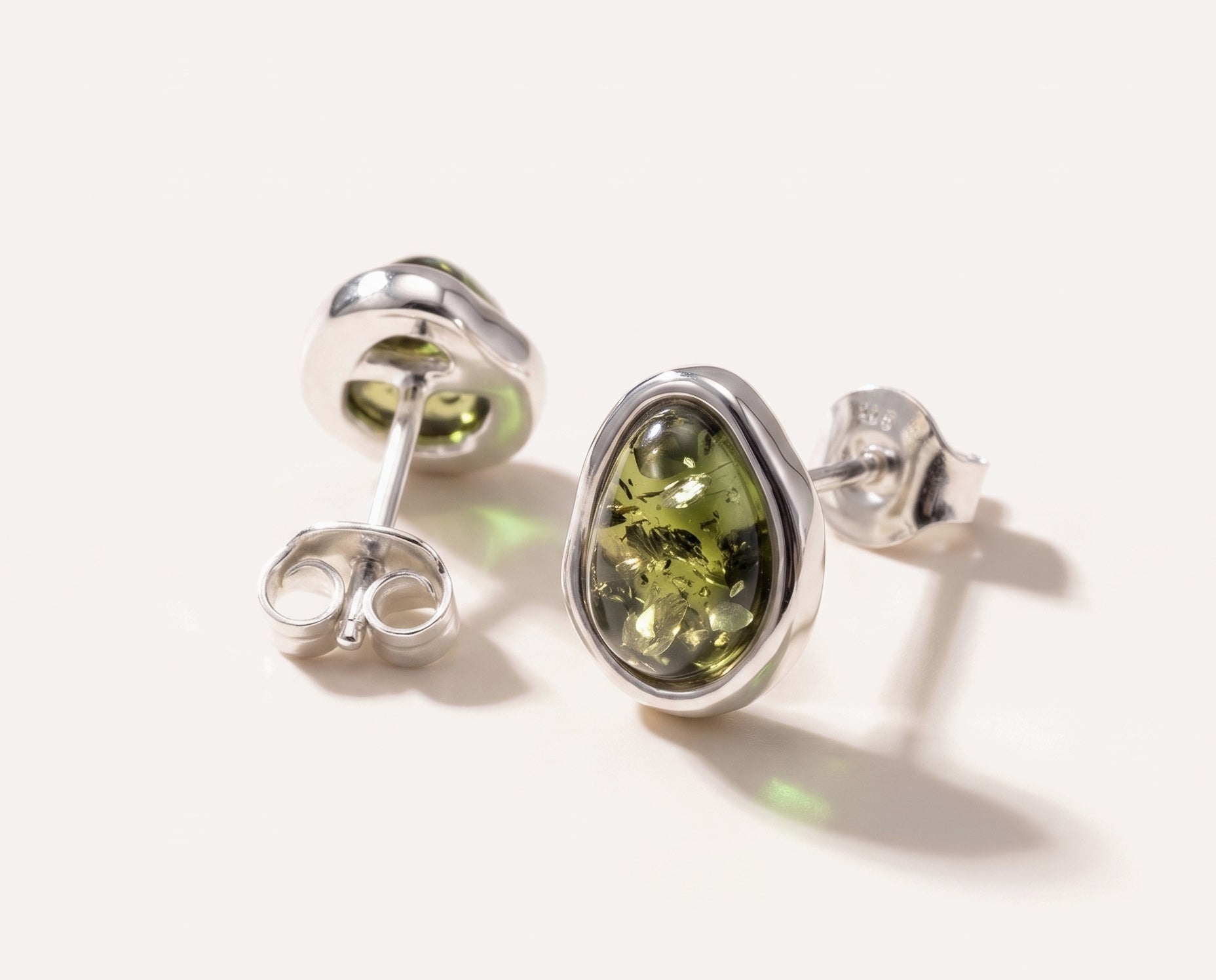 Green Amber ELEMENTS Stud Earrings — Baltic amber and sterling silver jewellery by Baltic Beauty