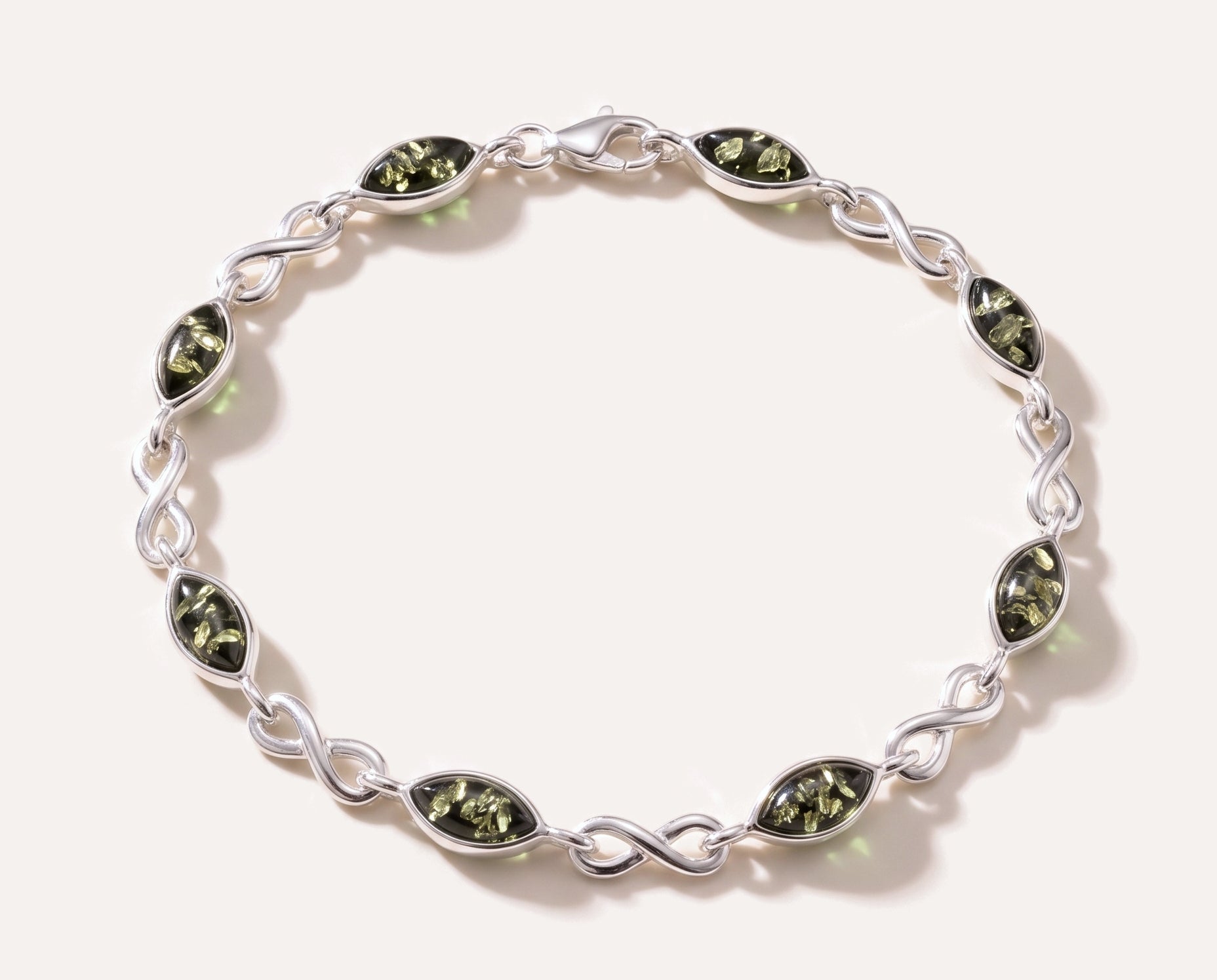 Green Amber Infinity Bracelet — Baltic amber and sterling silver jewellery by Baltic Beauty