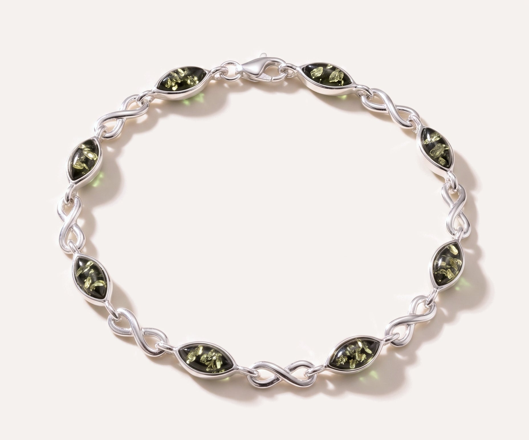 Green Amber Infinity Bracelet — Baltic amber and sterling silver jewellery by Baltic Beauty