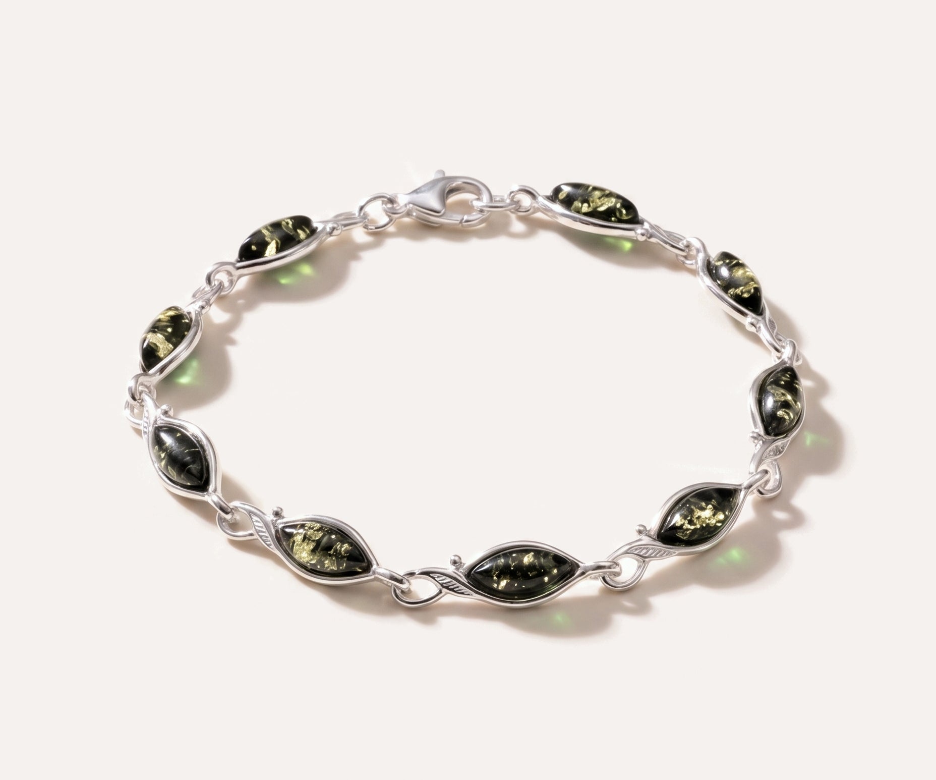 Green Amber Leaf Bracelet — Baltic amber and sterling silver jewellery by Baltic Beauty