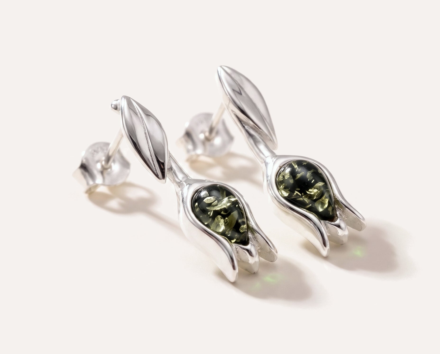 Green Amber Tulip Stud Earrings — Baltic amber and sterling silver jewellery by Baltic Beauty
