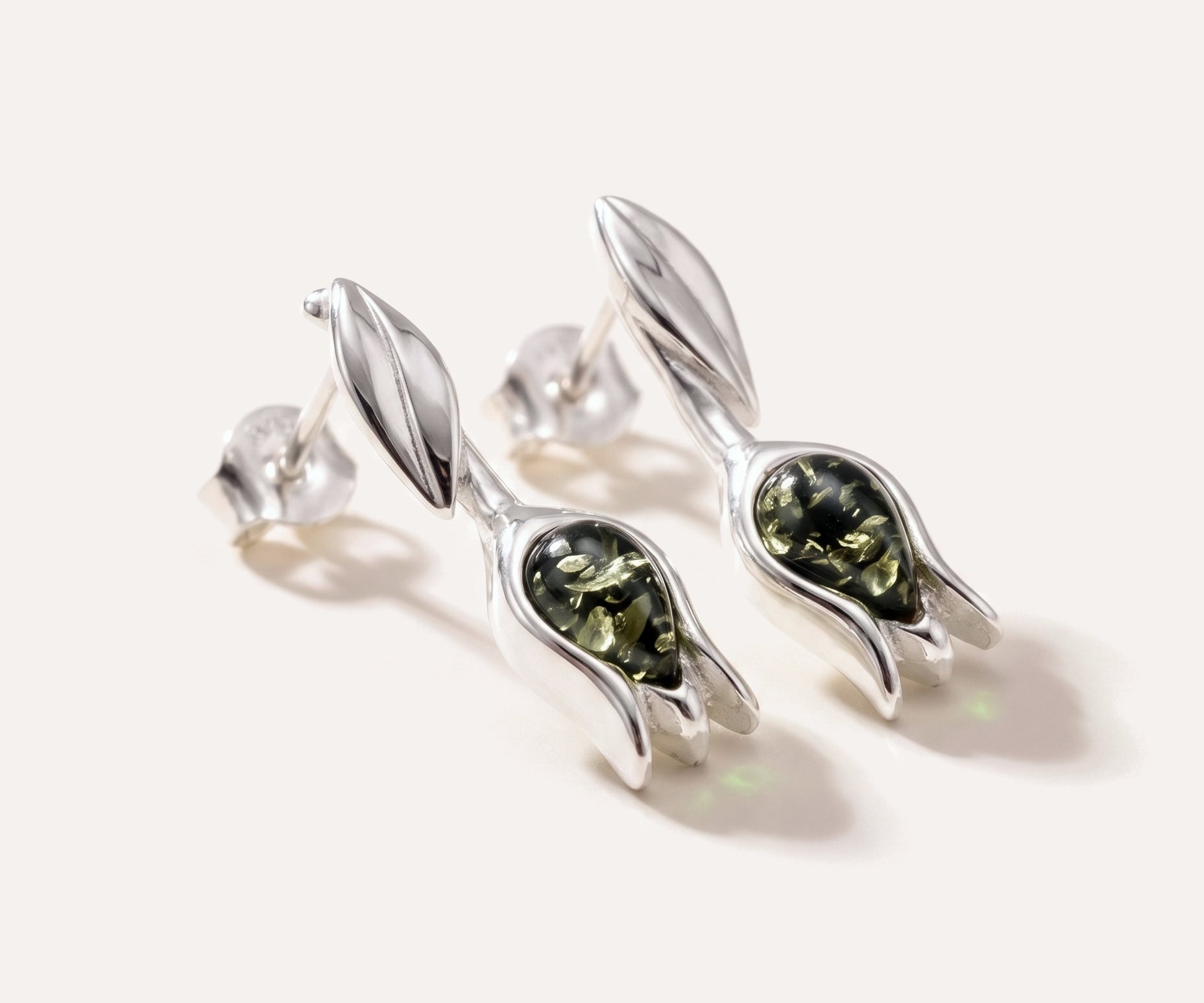 Green Amber Tulip Stud Earrings — Baltic amber and sterling silver jewellery by Baltic Beauty