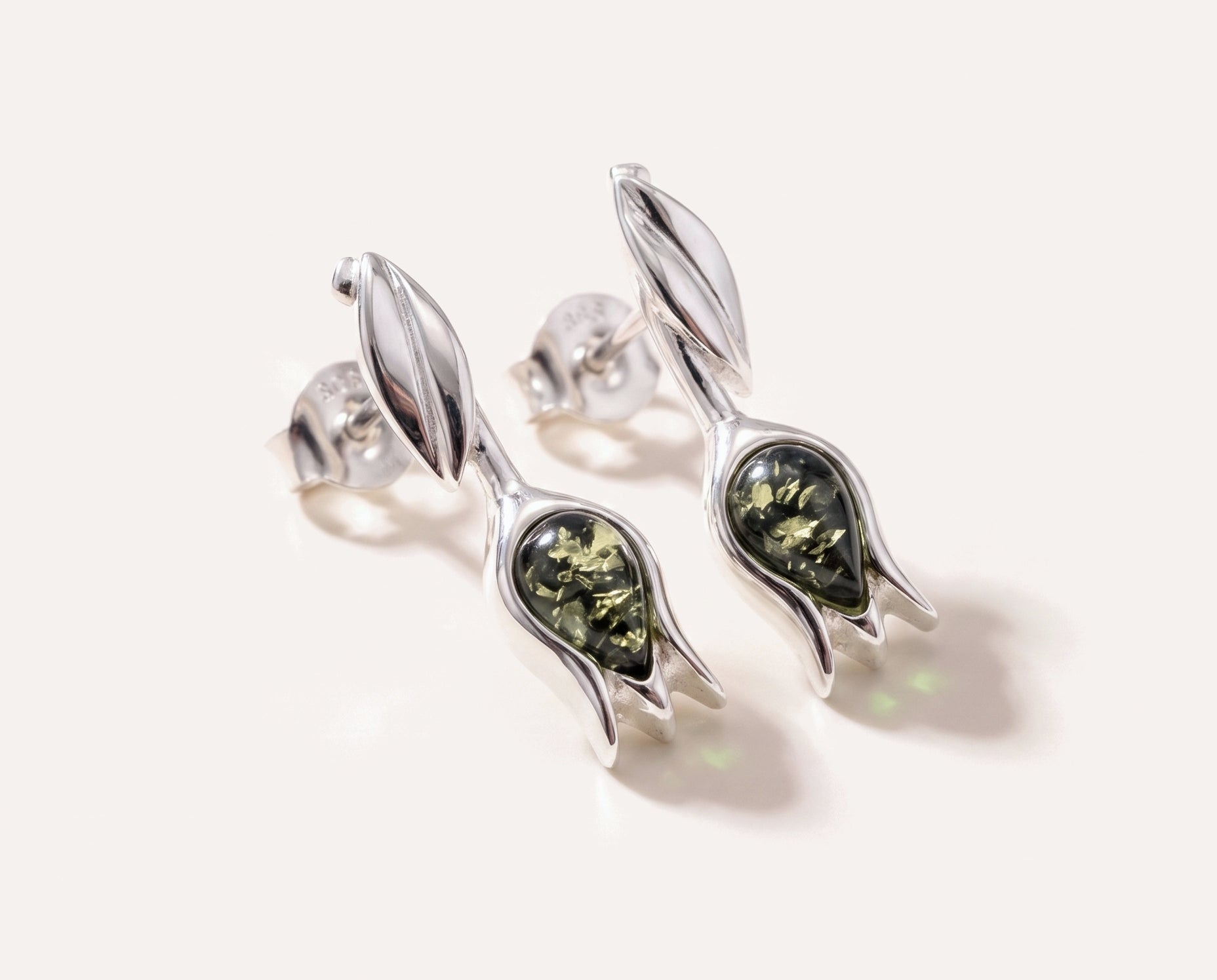 Green Amber Tulip Stud Earrings — Baltic amber and sterling silver jewellery by Baltic Beauty
