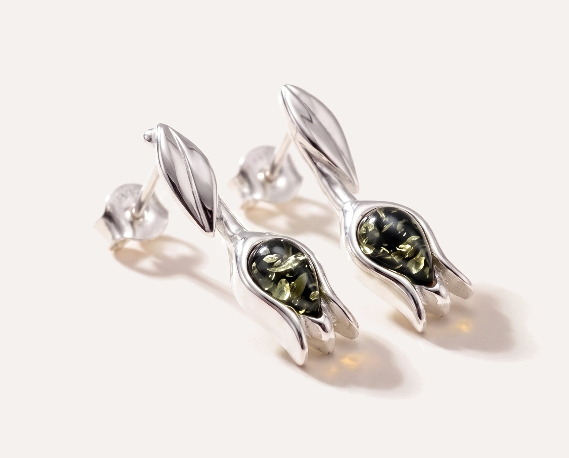 Green Amber Tulip Stud Earrings — Baltic amber and sterling silver jewellery by Baltic Beauty