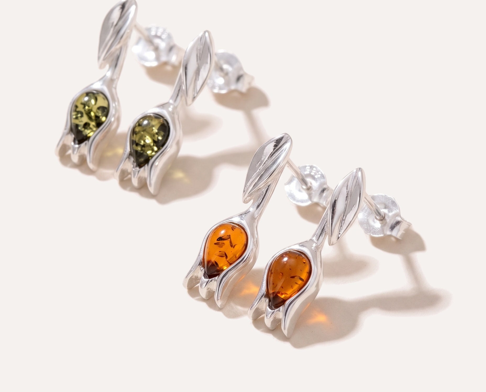 Green Amber Tulip Stud Earrings — Baltic amber and sterling silver jewellery by Baltic Beauty