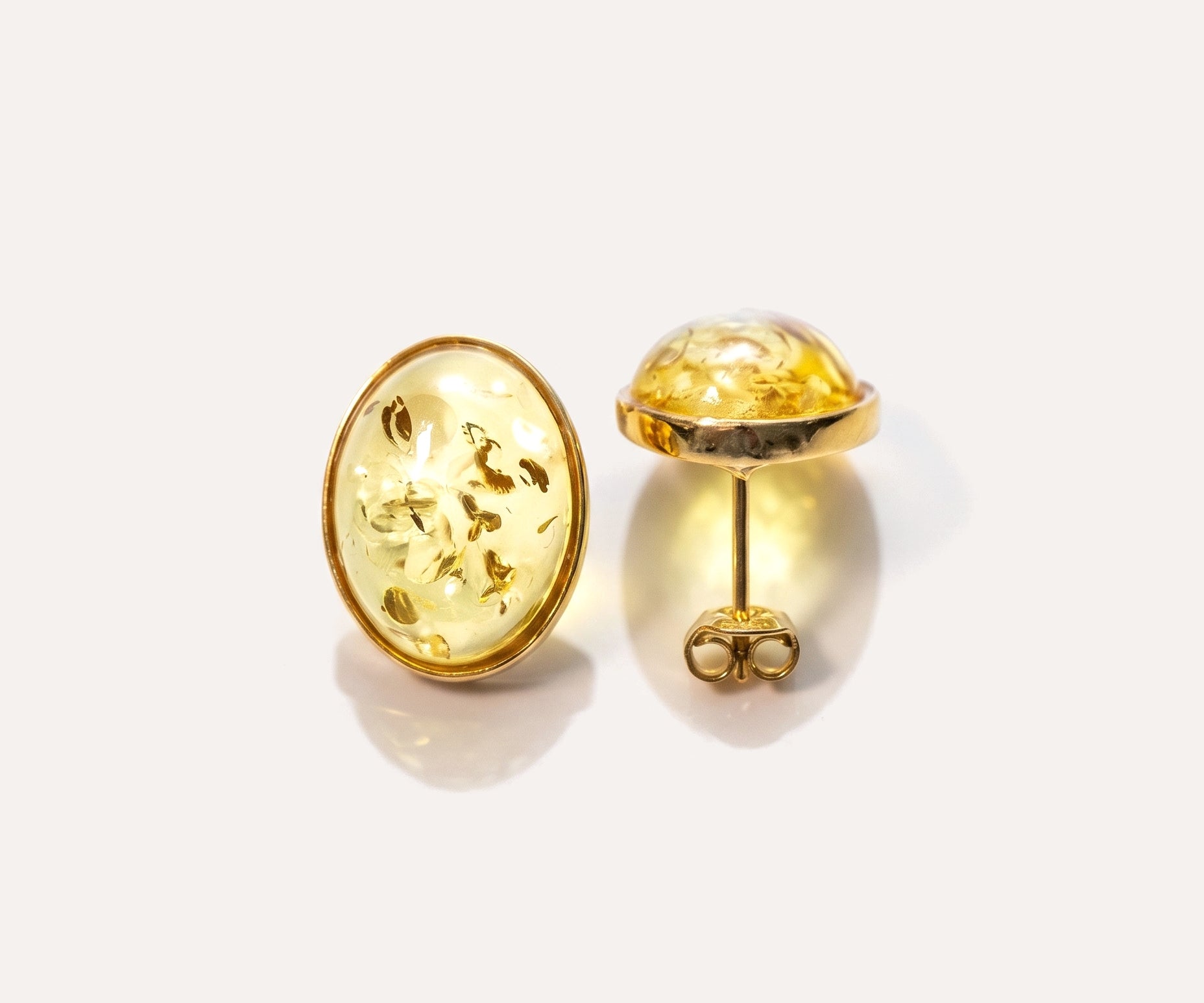 Oval Citrus Amber and Gold Stud Earrings — Baltic amber and sterling silver jewellery by Baltic Beauty