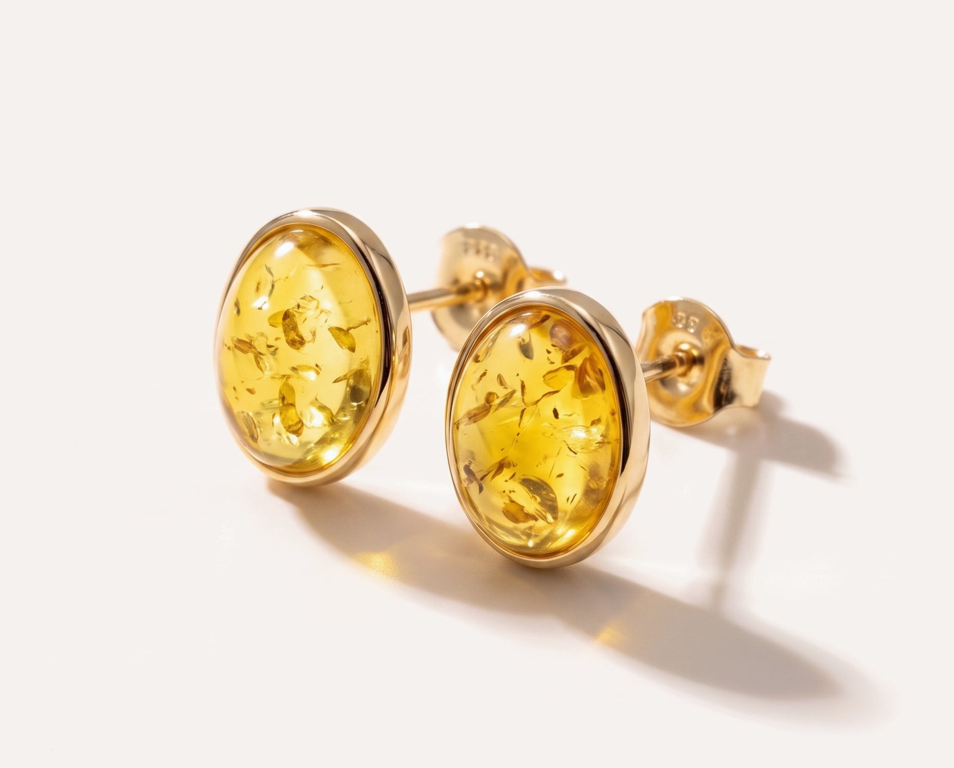 Oval Citrus Amber and Gold Stud Earrings — Baltic amber and sterling silver jewellery by Baltic Beauty