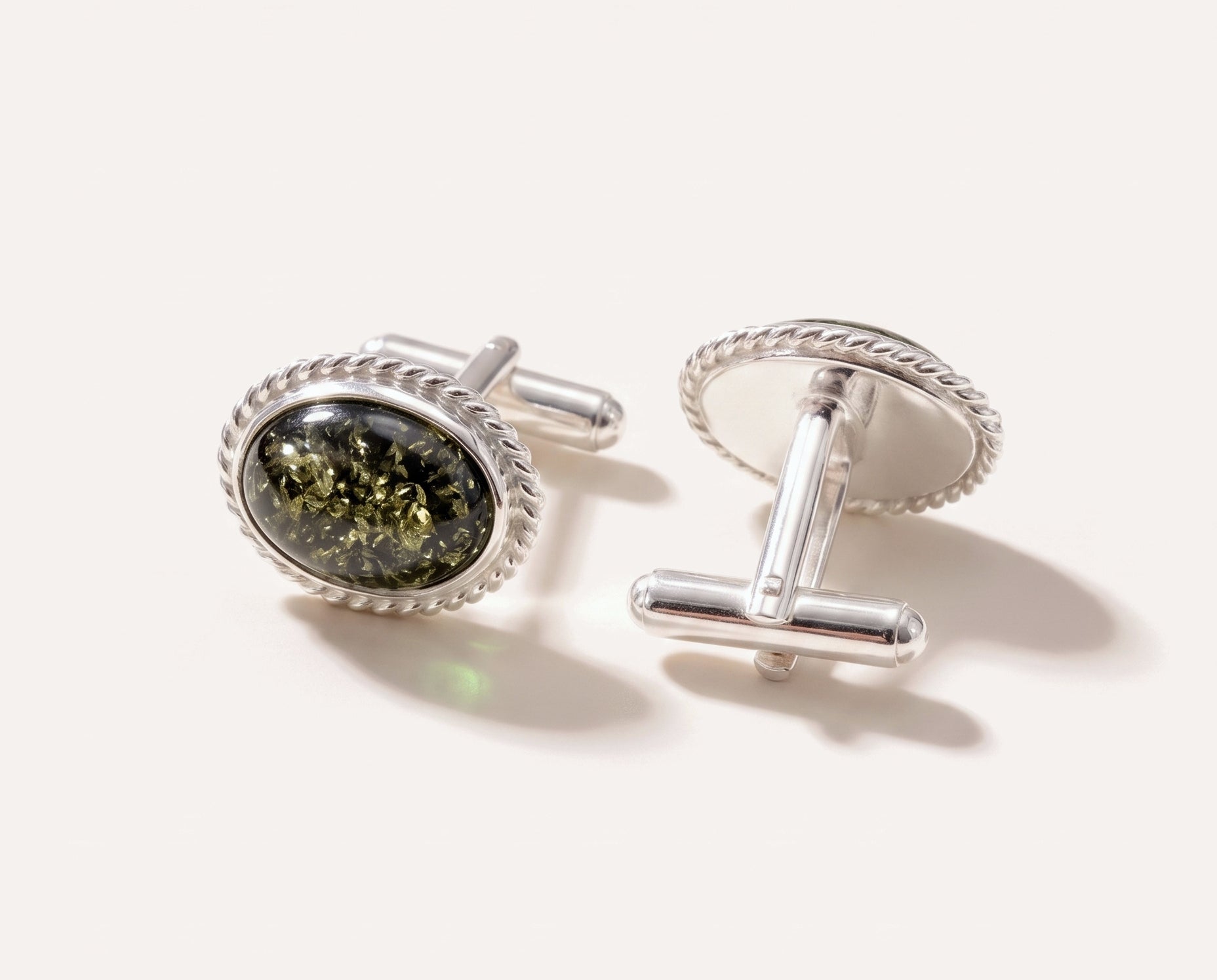 Quintessence Statement Green Amber Cufflinks — Baltic amber and sterling silver jewellery by Baltic Beauty