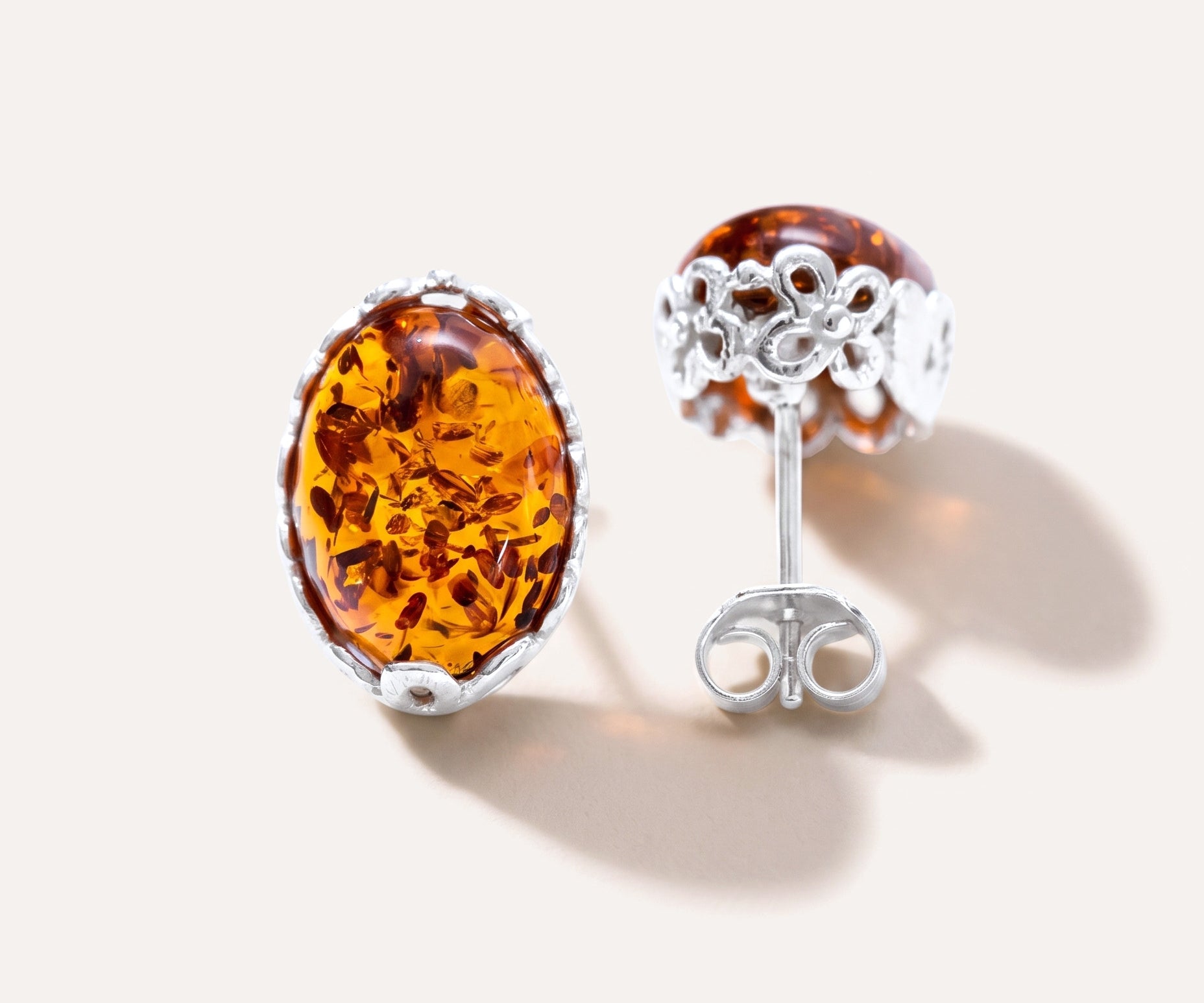 Floral Frame Amber Stud Earrings — Baltic amber and sterling silver jewellery by Baltic Beauty