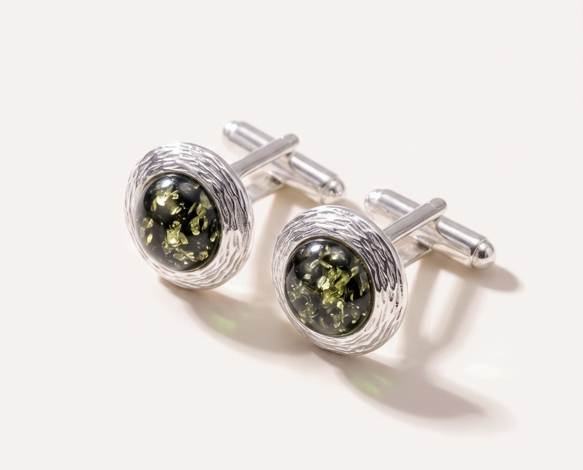 Textured Frame Green Amber Cufflinks — Baltic amber and sterling silver jewellery by Baltic Beauty