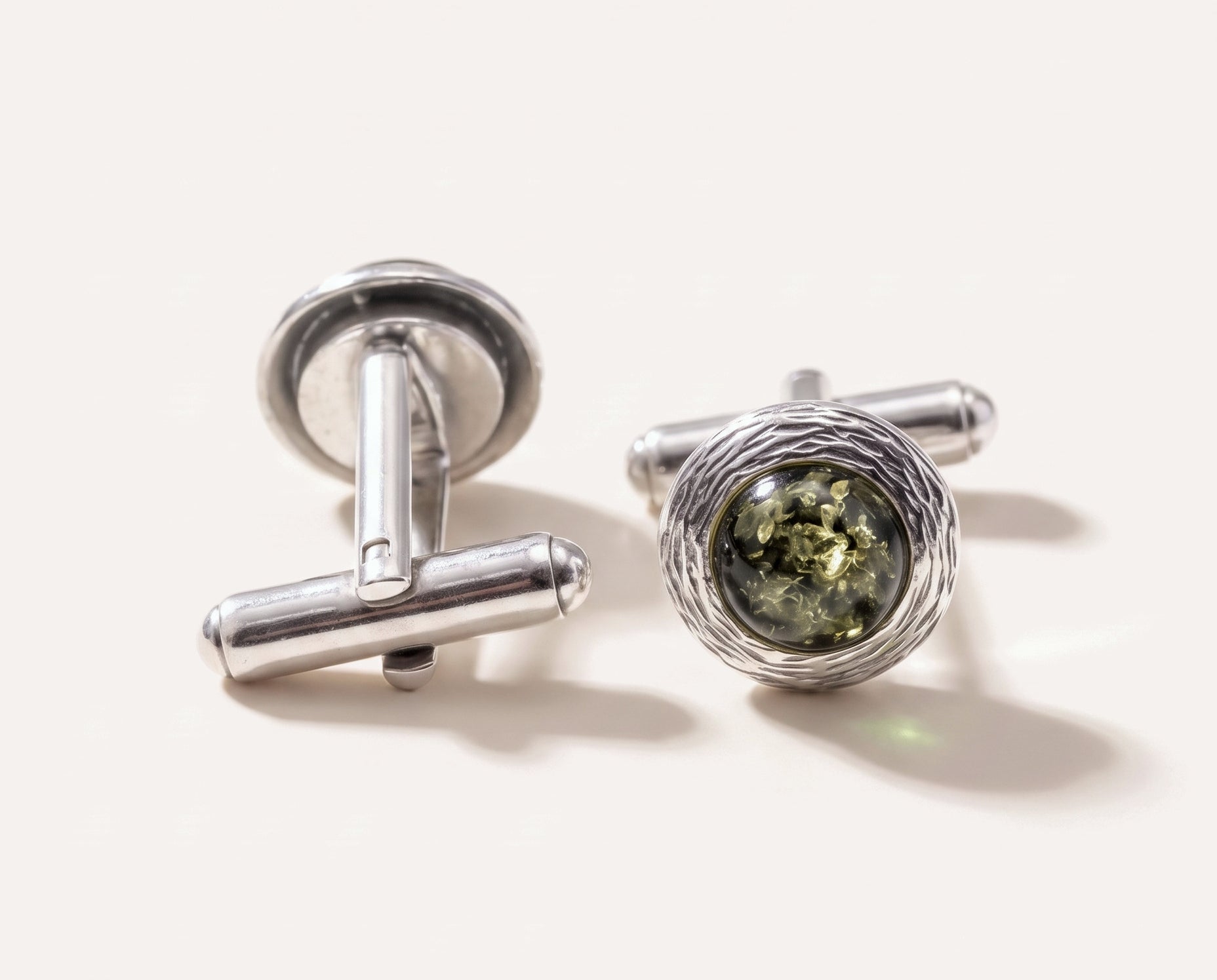 Textured Frame Green Amber Cufflinks — Baltic amber and sterling silver jewellery by Baltic Beauty
